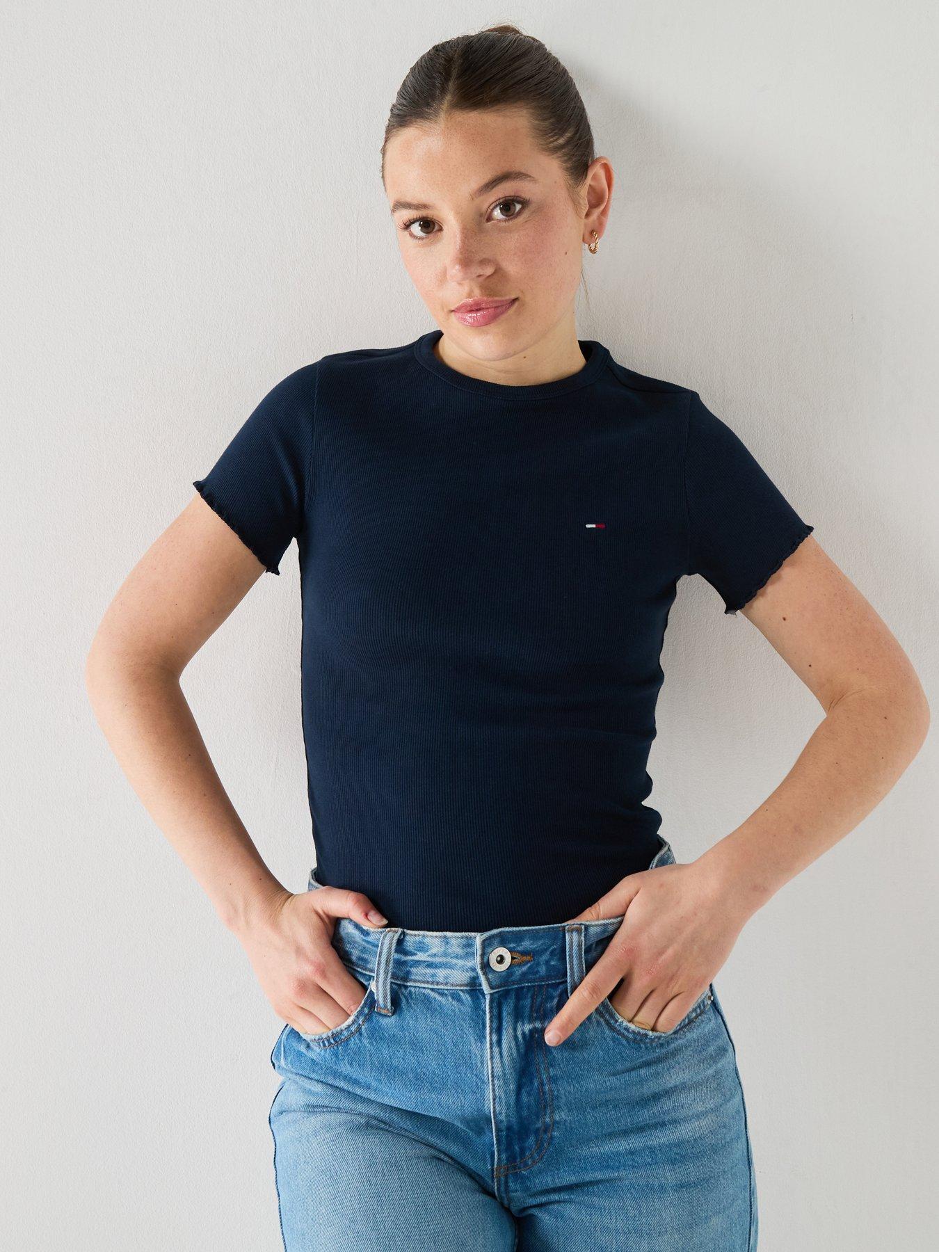 Tommy Jeans Ruffle Trim Ribbed Slim T-shirt, Blue, Size S, Women