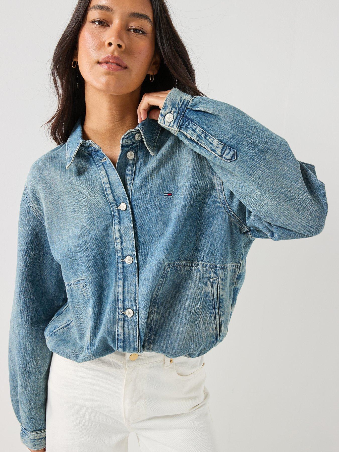 Tommy Jeans Drawstring Hem Relaxed Denim Jacket With Linen, Blue, Size Xl, Women