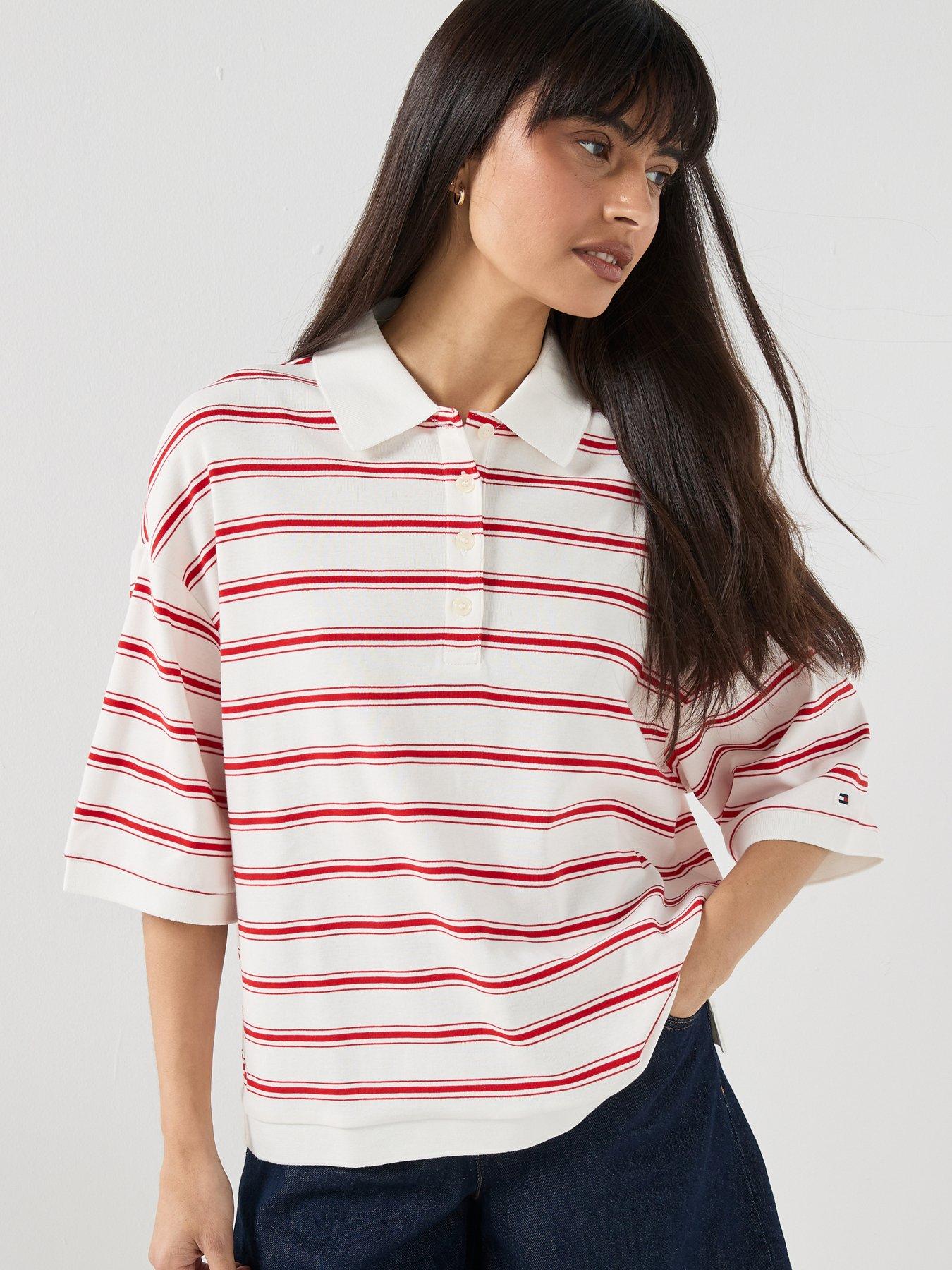 Image 1 of 5 of Tommy Hilfiger Multistripe Oversized Short Sleeve Polo Top - Cream