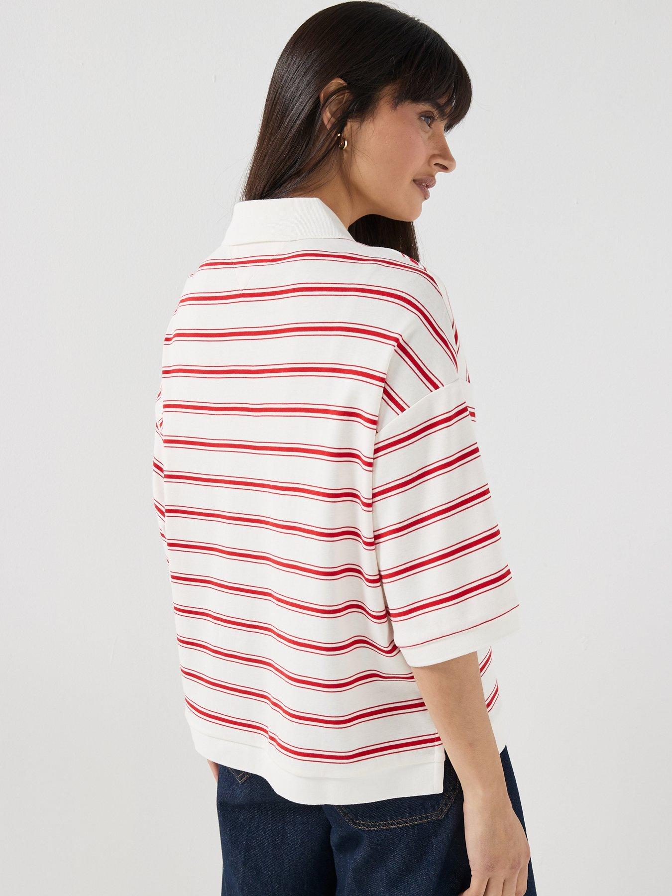 Image 2 of 5 of Tommy Hilfiger Multistripe Oversized Short Sleeve Polo Top - Cream