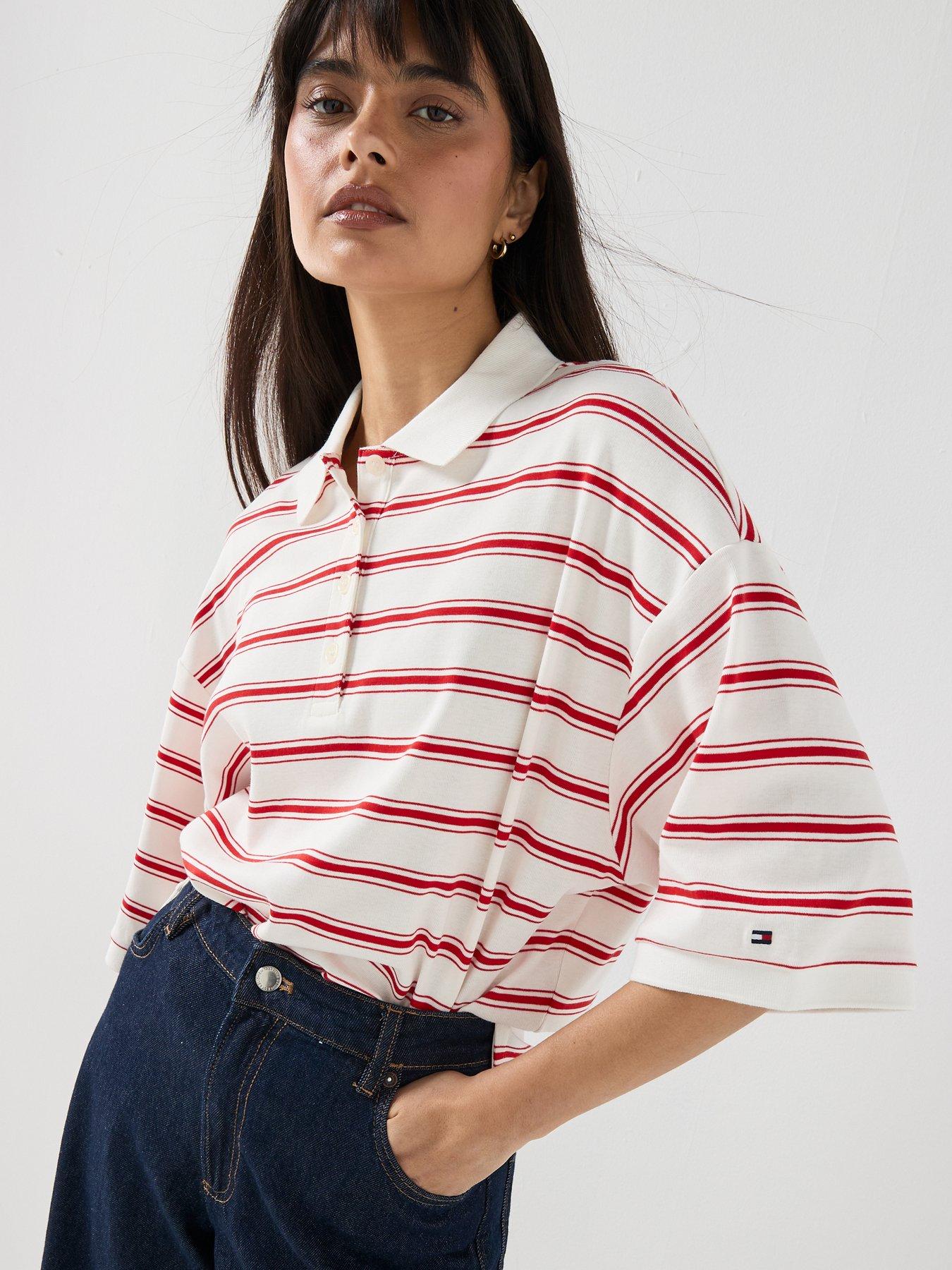 Image 4 of 5 of Tommy Hilfiger Multistripe Oversized Short Sleeve Polo Top - Cream