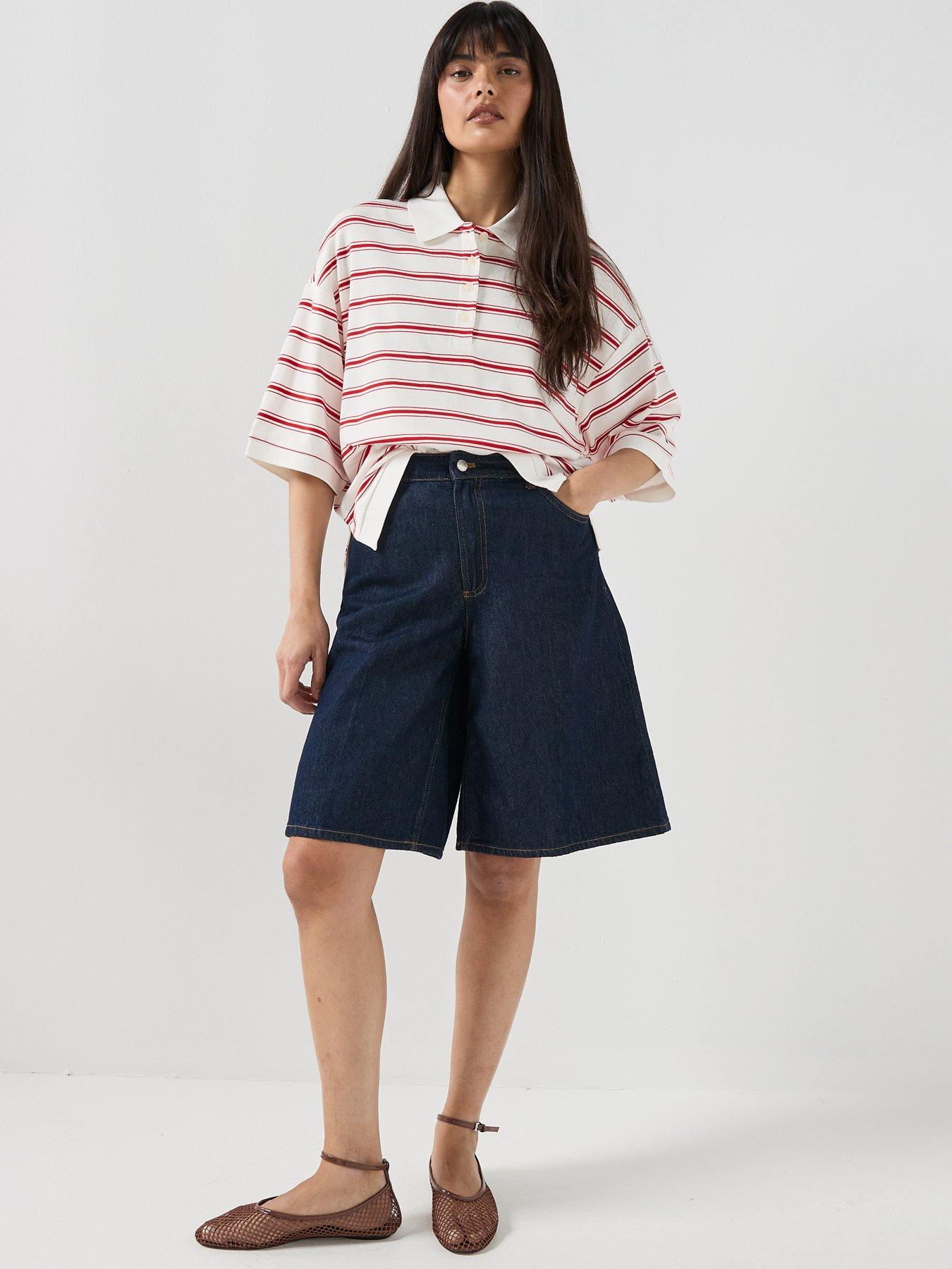 Image 5 of 5 of Tommy Hilfiger Multistripe Oversized Short Sleeve Polo Top - Cream