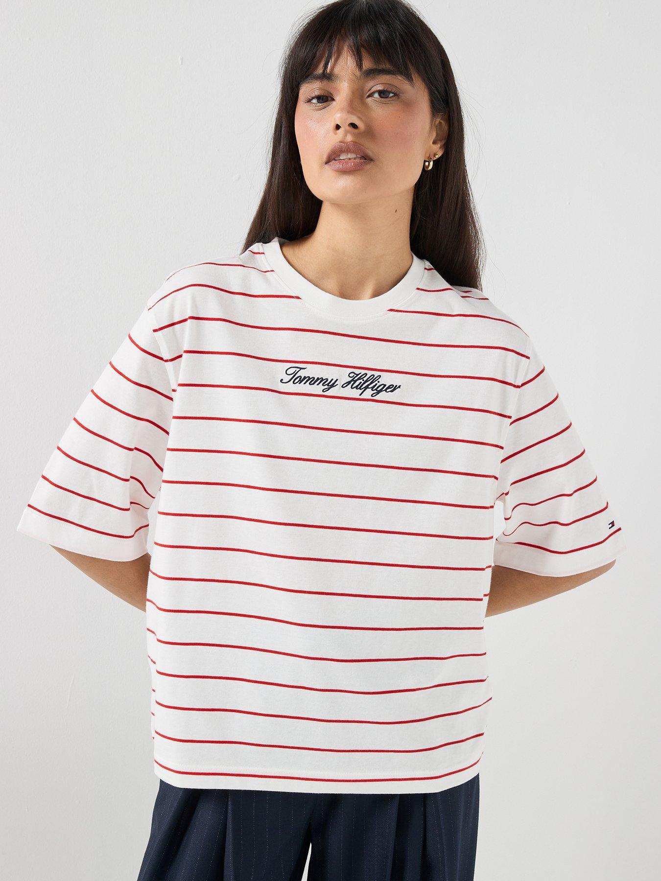 Tommy Hilfiger Striped Regular Crew Neck Tops, Cream, Size L, Women