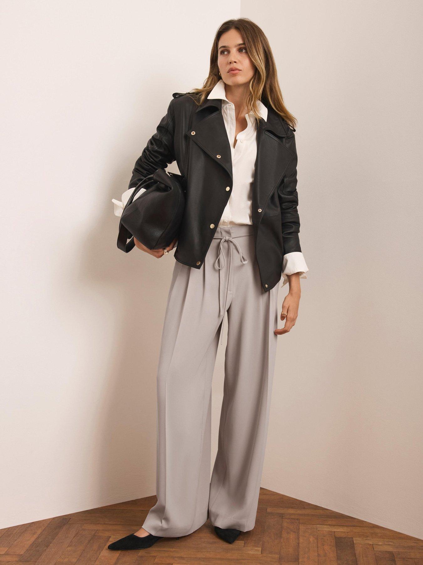 Mint Velvet Pleat Tie Waist Wide Trouser - Neutral