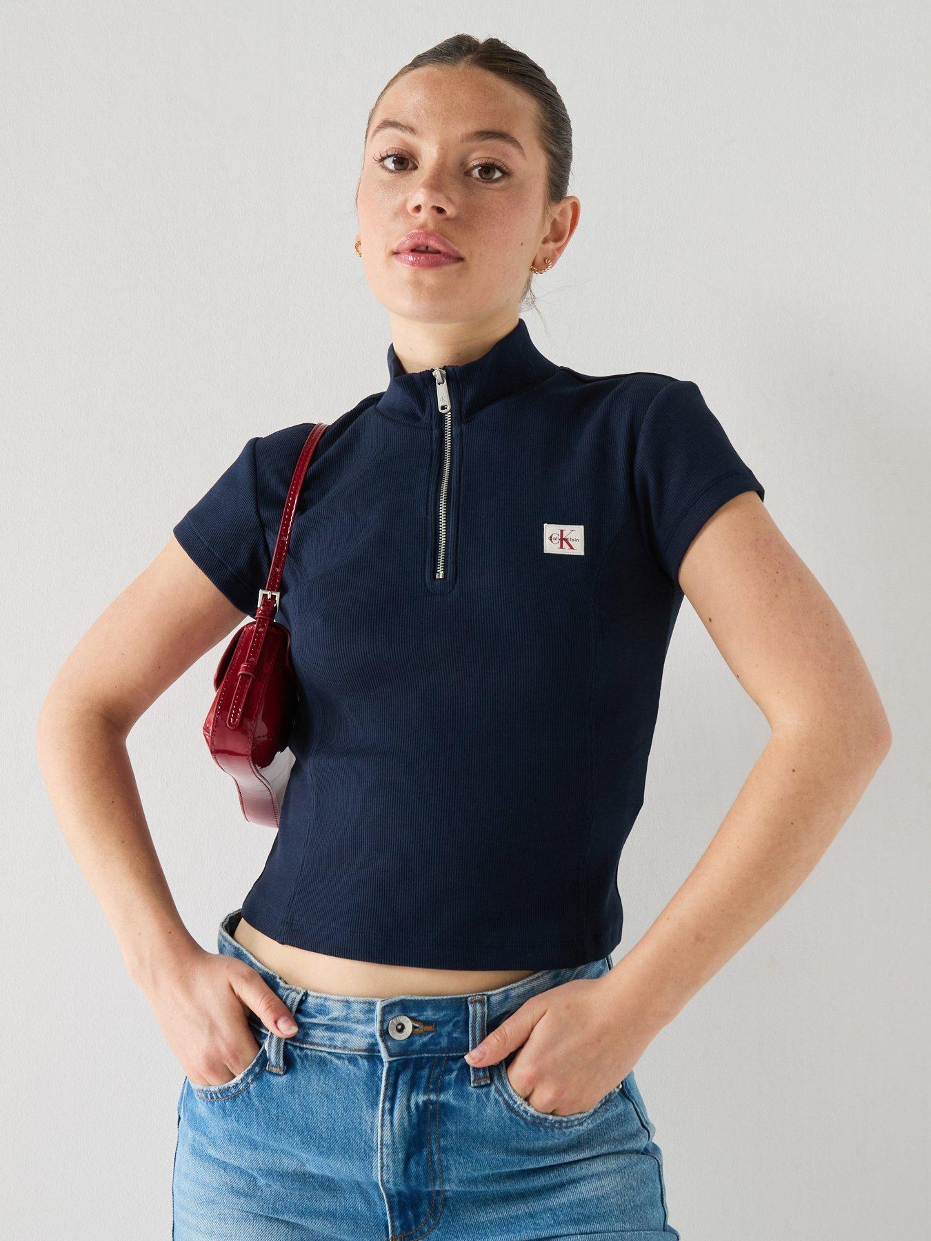 Calvin Klein Jeans Short Sleeve Baby Rib Zip Top, Navy, Size Xs, Women