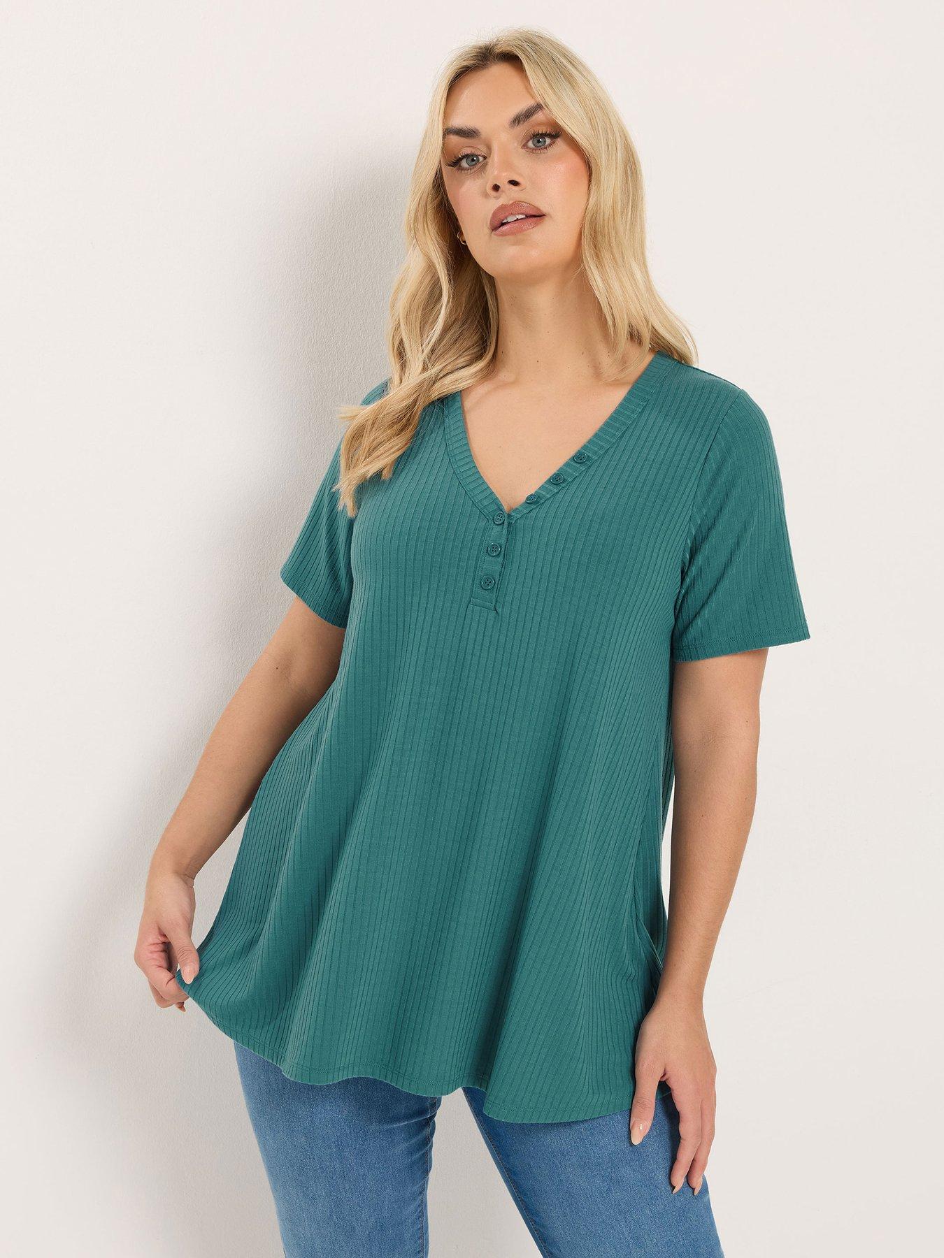 Yours Curve Short Sleeve Henley T-Shirt - Blue