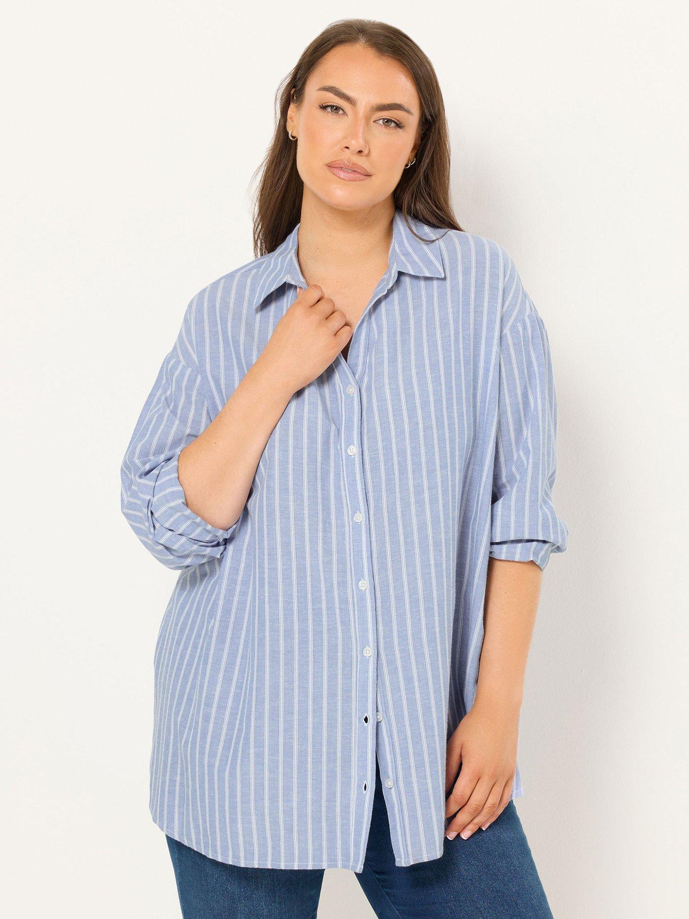 Yours Curve Long Sleeve Linen Shirt - Blue