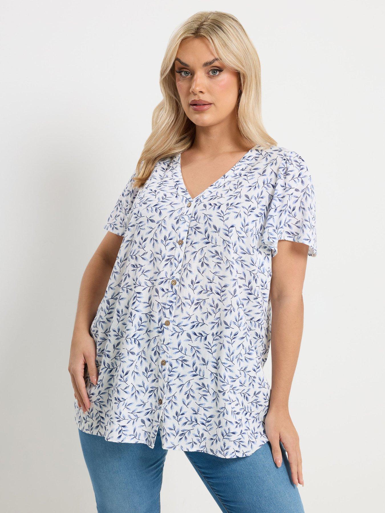 Image 1 of 5 of Yours Curve Linen Short Sleeve Blouse - Blue