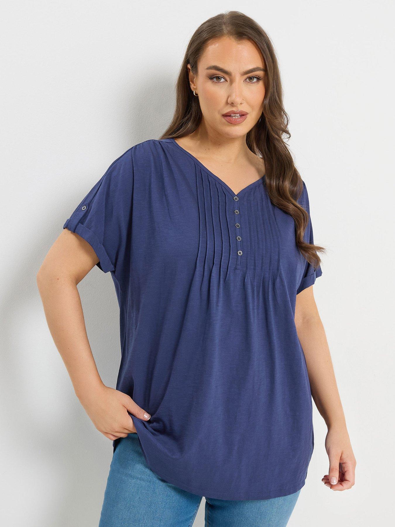 Yours Curve Short Sleeve Pintuck Henley T-Shirt - Blue