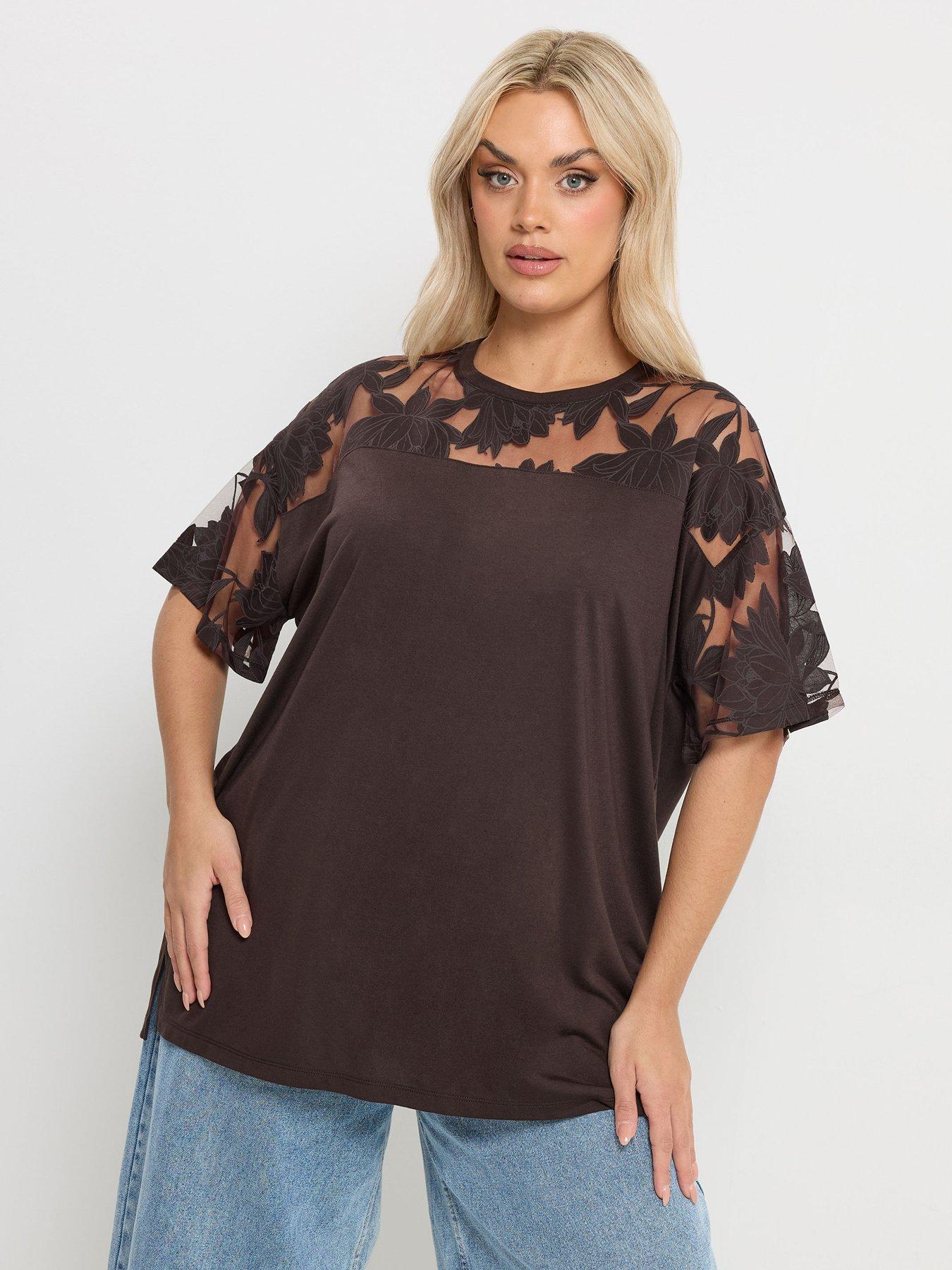 Yours Curve Boxy Burnout T-Shirt - Brown