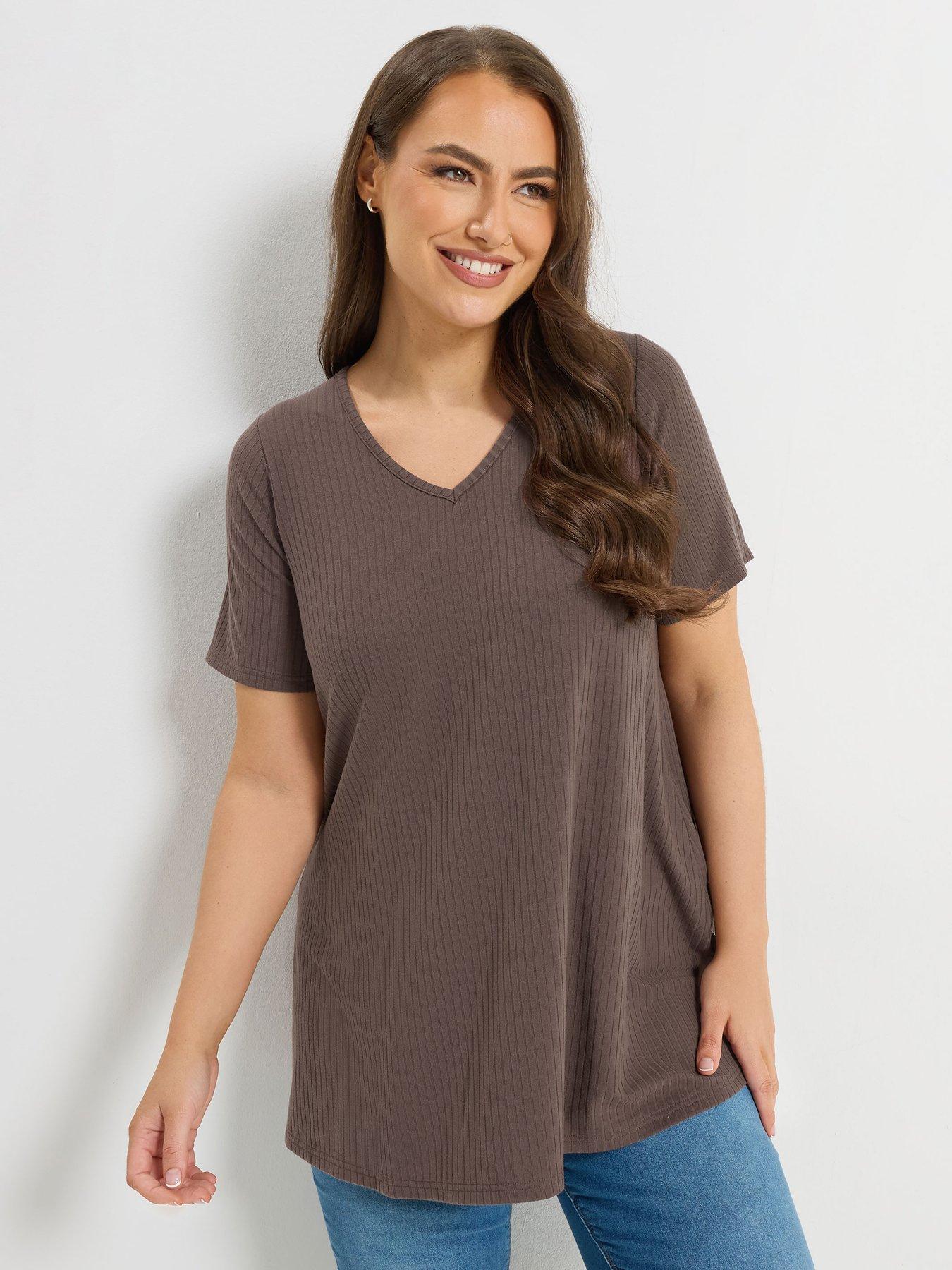 Yours Curve Rib Swing T-Shirt - Brown