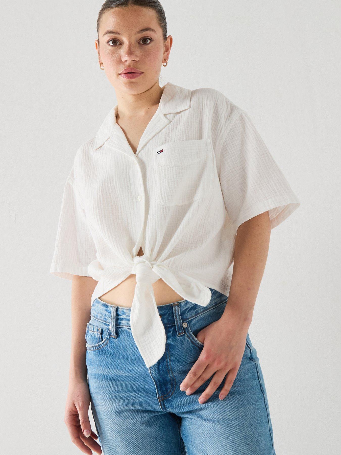 Tommy Jeans Textured Tie Front Short Sleeve Shirt, Cream, Size L, Women