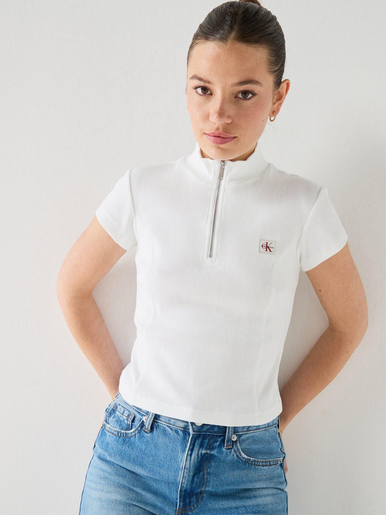 Calvin Klein Jeans Short Sleeve Woven Label 2X2 Baby Rib Zip Top, White, Size L, Women