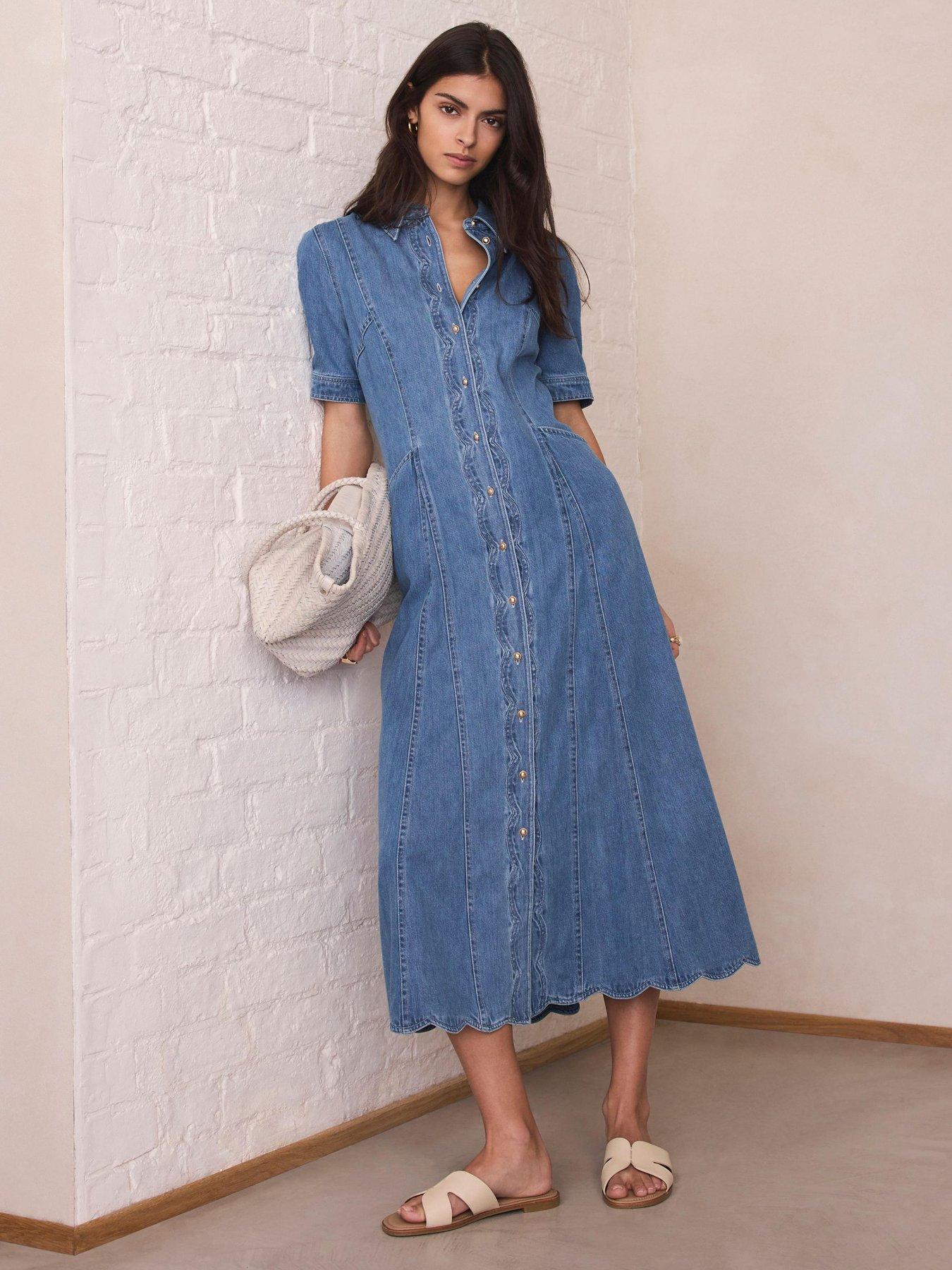 Mint Velvet Scallop Denim Midi Dress - Blue | Very
