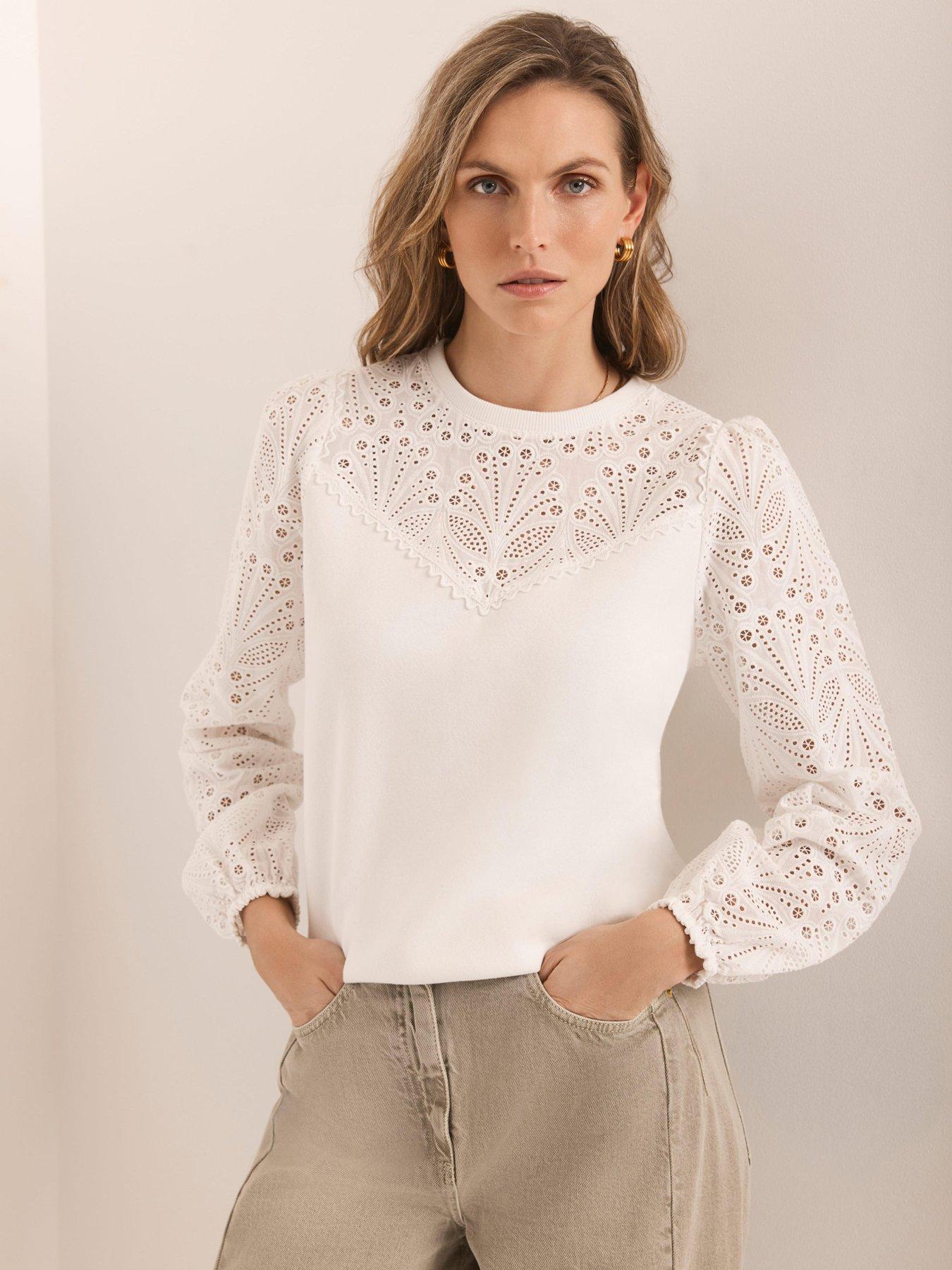 Mint Velvet Ivory Broderie Mix Sweatshirt - White