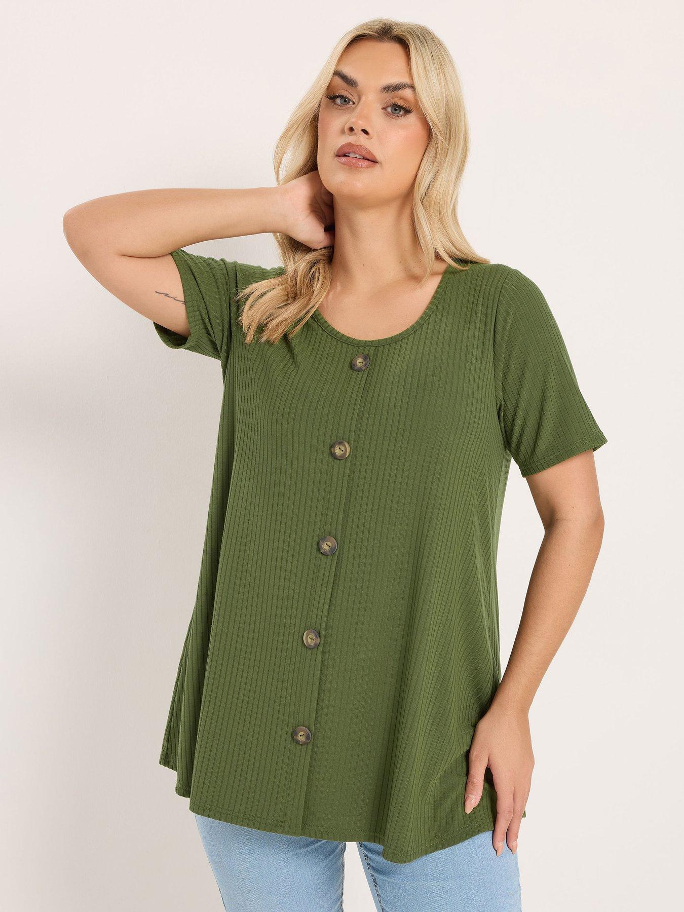 Yours Curve Button Front Swing T-Shirt - Green