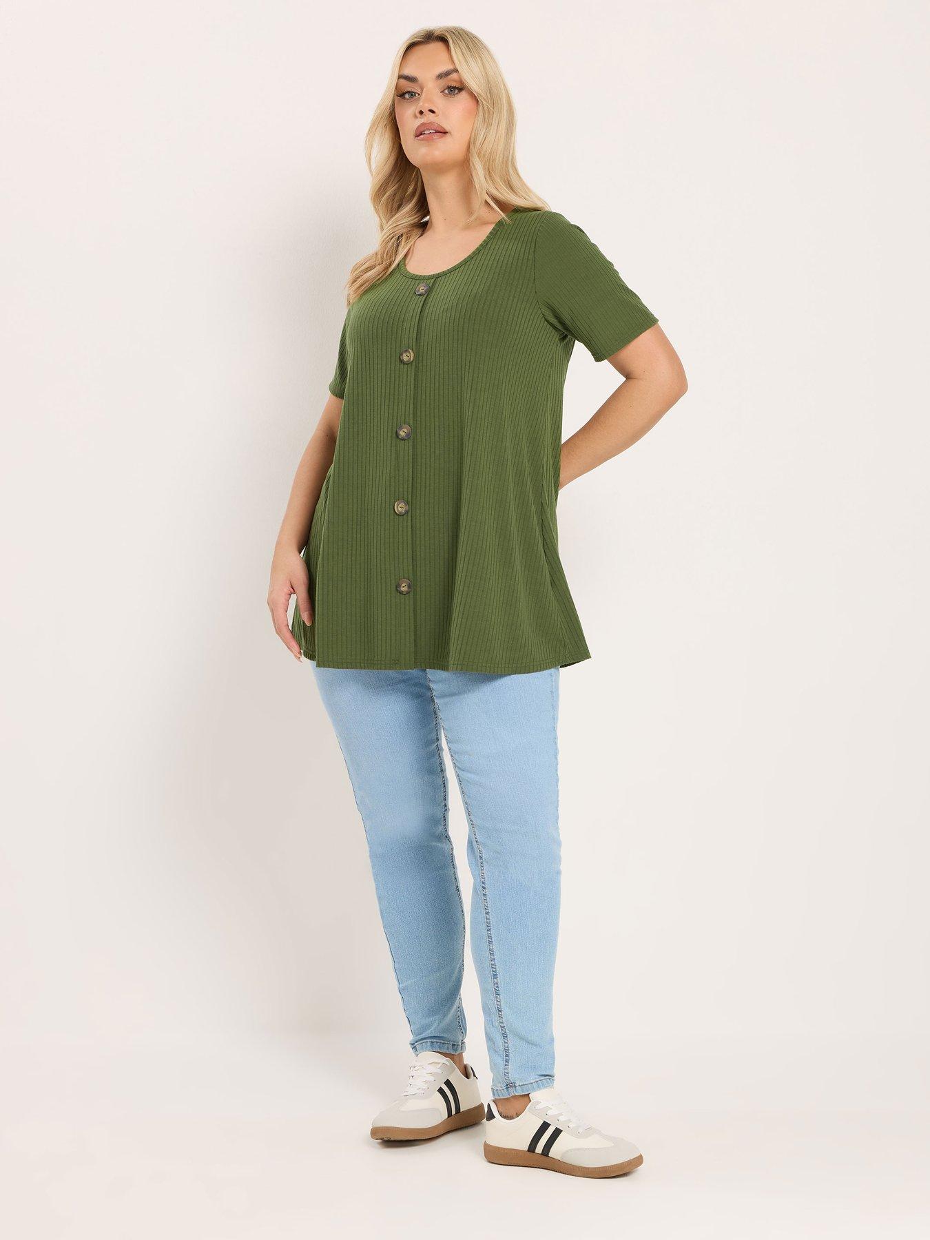 Image 3 of 6 of Yours Curve Button Front Swing T-Shirt - Green
