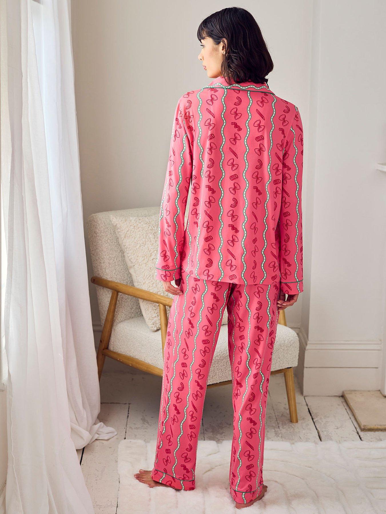 Image 2 of 4 of CHELSEA PEERS Pasta Stripe Print Long Pyjama Set - Pink