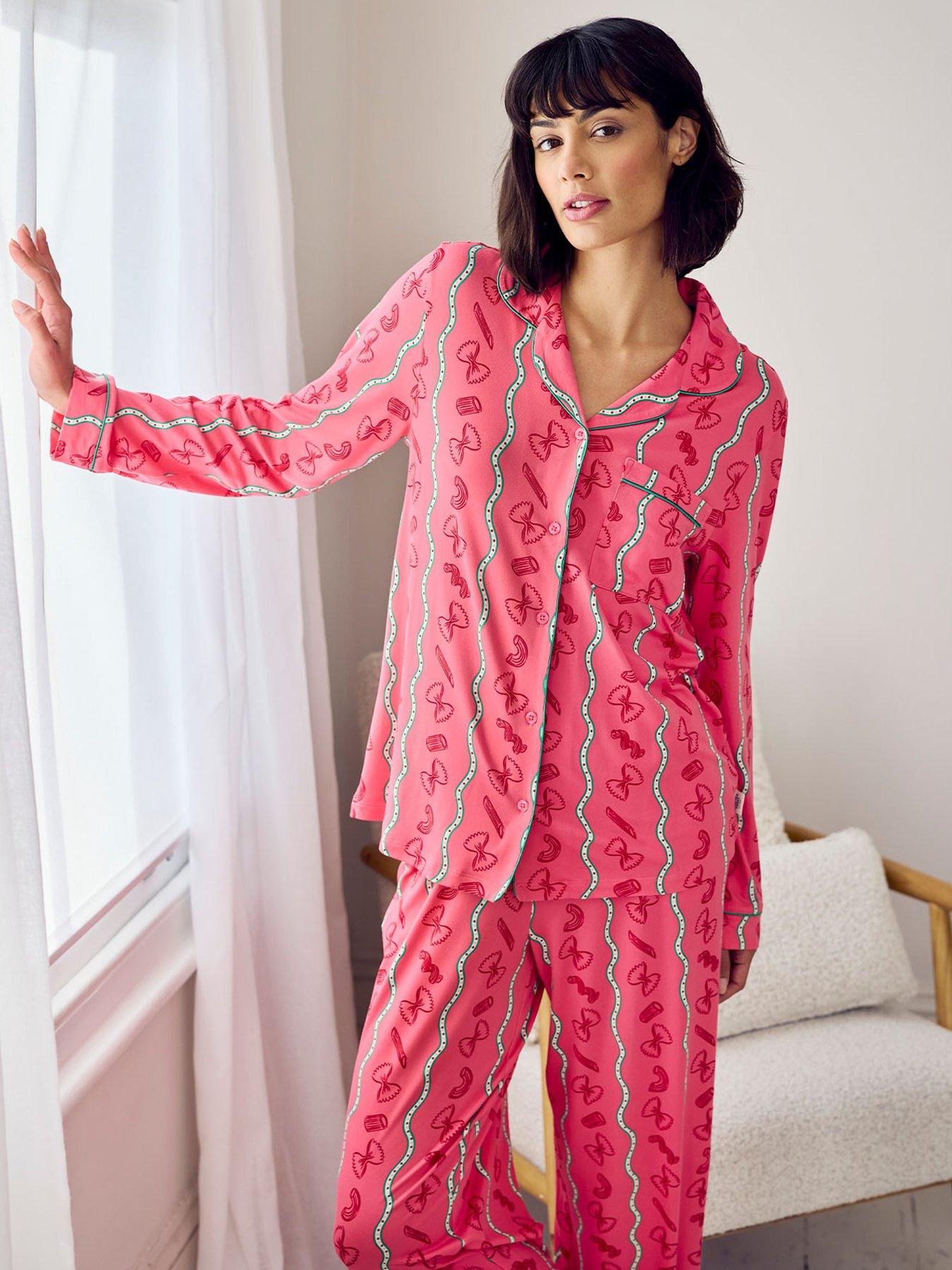 Image 3 of 4 of CHELSEA PEERS Pasta Stripe Print Long Pyjama Set - Pink