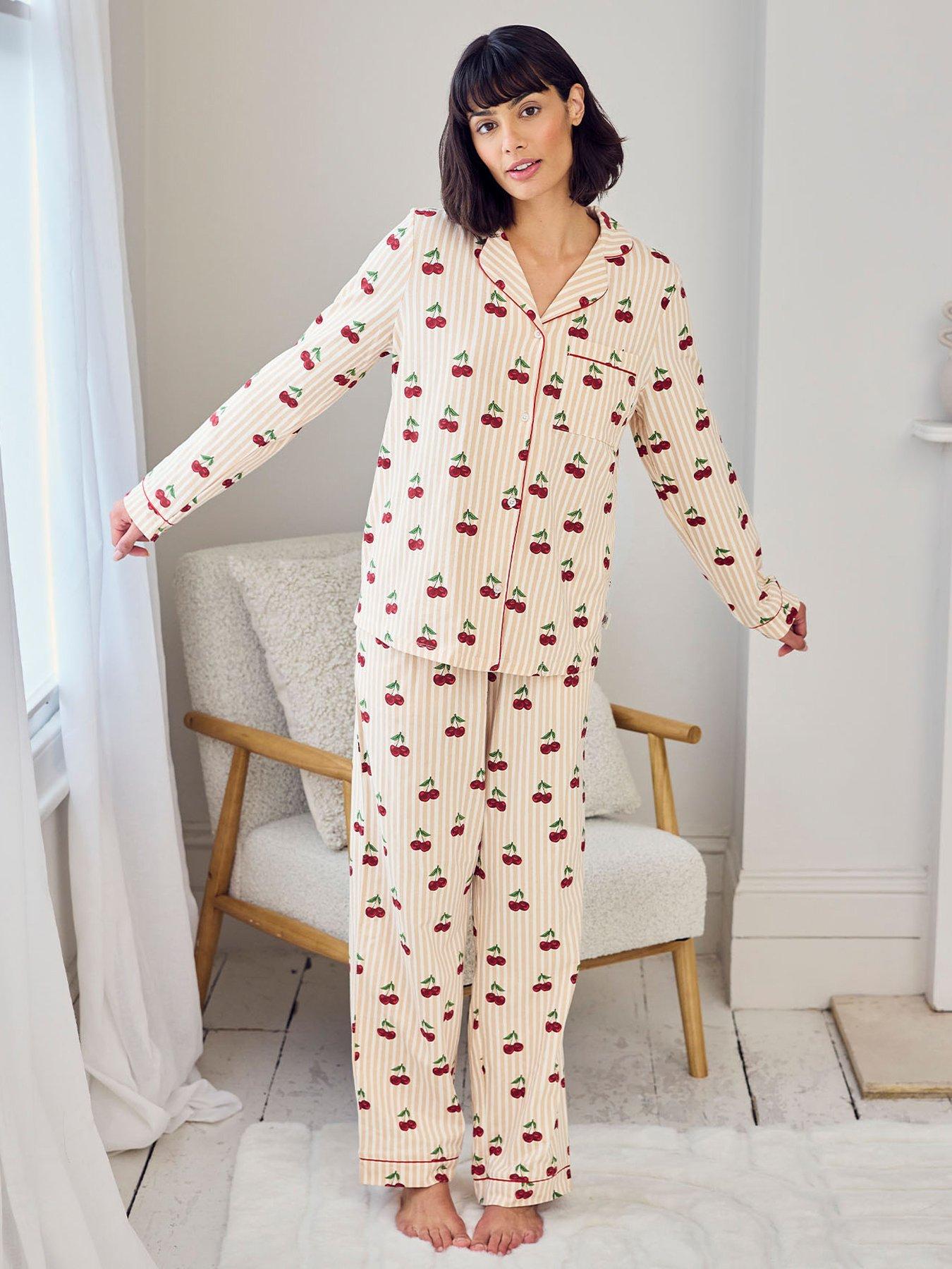 CHELSEA PEERS Cotton Cherry Stripe Print Long Pyjama Set - White