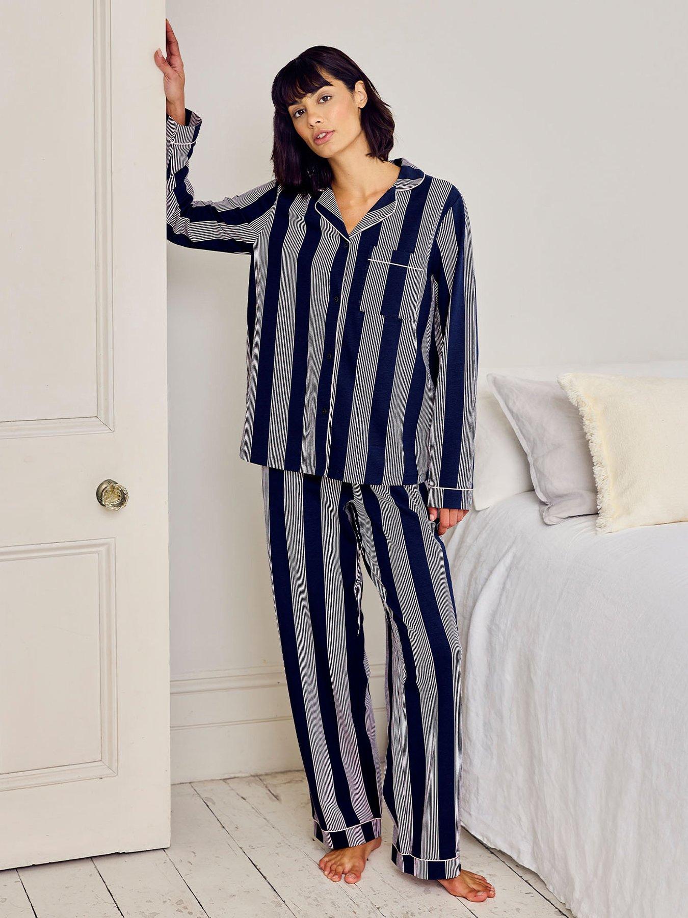 Image 1 of 5 of CHELSEA PEERS Cotton Stripe Button Up Pyjama Set - Navy