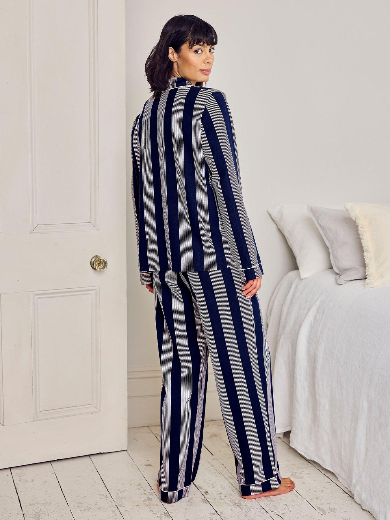 Image 2 of 5 of CHELSEA PEERS Cotton Stripe Button Up Pyjama Set - Navy