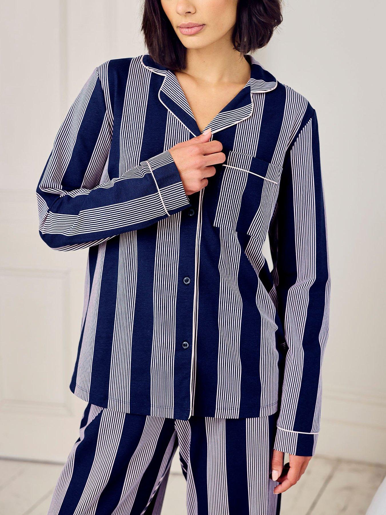 Image 4 of 5 of CHELSEA PEERS Cotton Stripe Button Up Pyjama Set - Navy