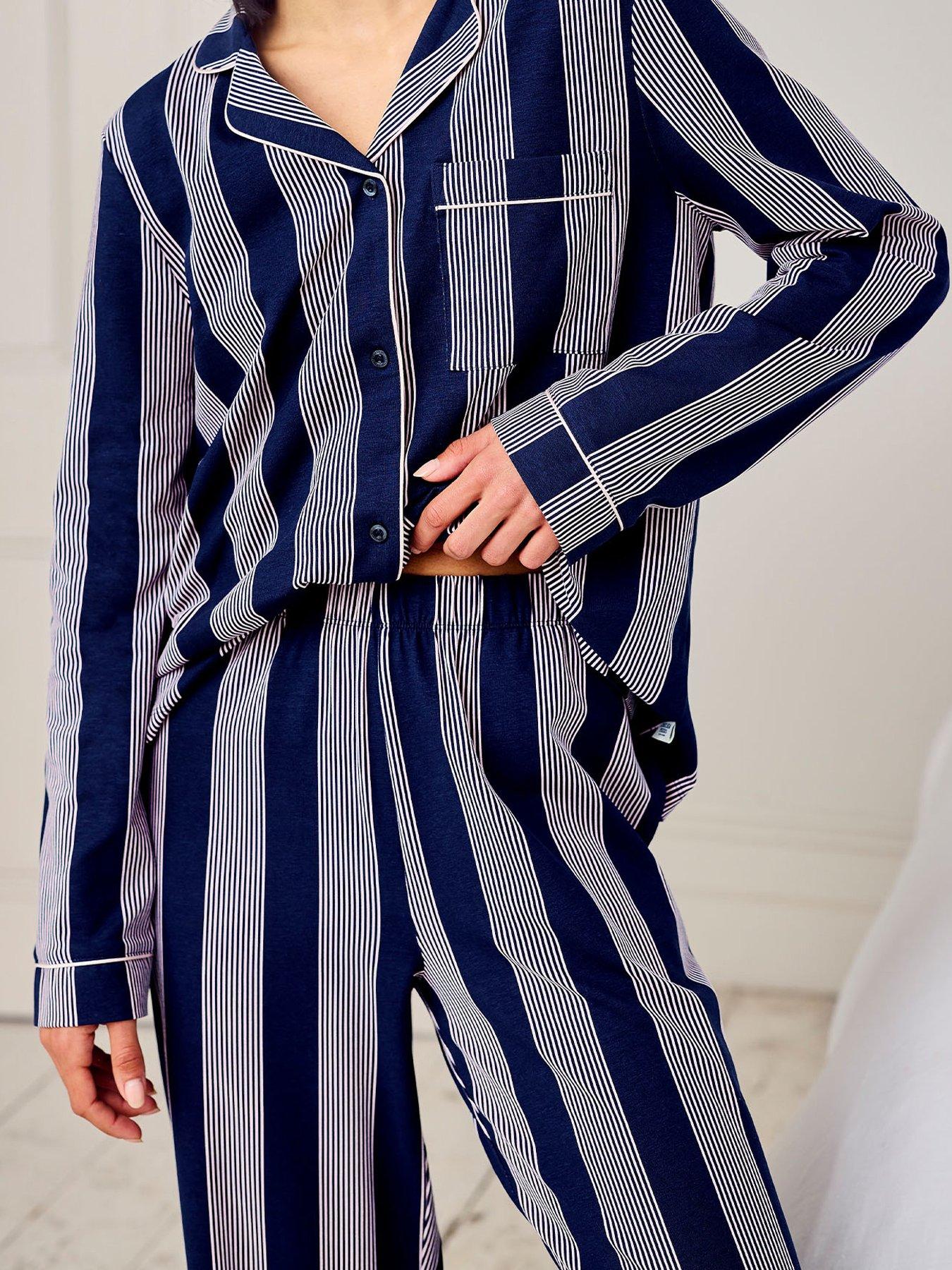 Image 5 of 5 of CHELSEA PEERS Cotton Stripe Button Up Pyjama Set - Navy