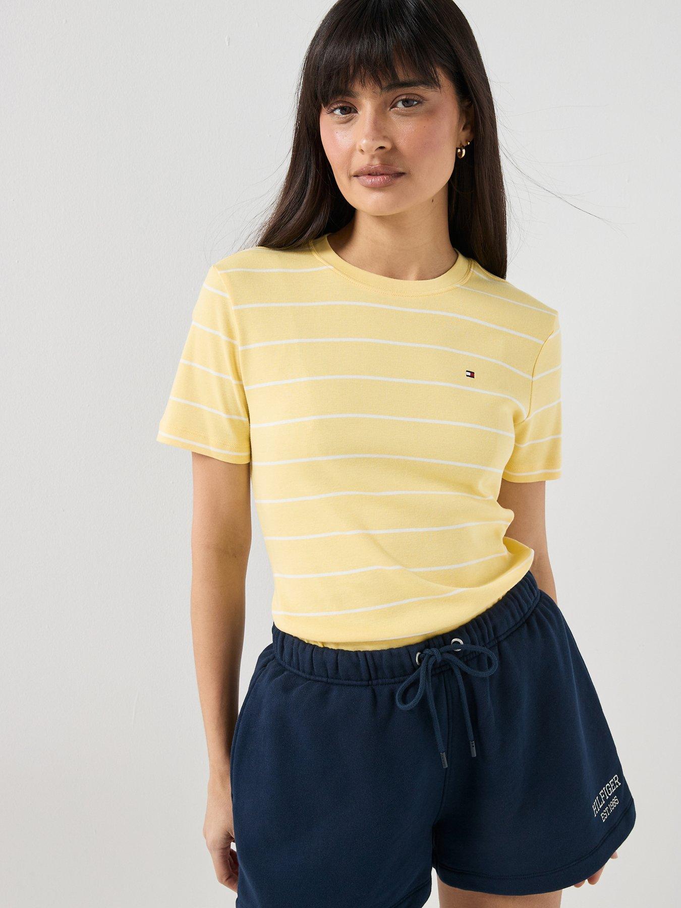 Tommy Hilfiger Striped Regular Crew Neck Tops, White, Size L, Women
