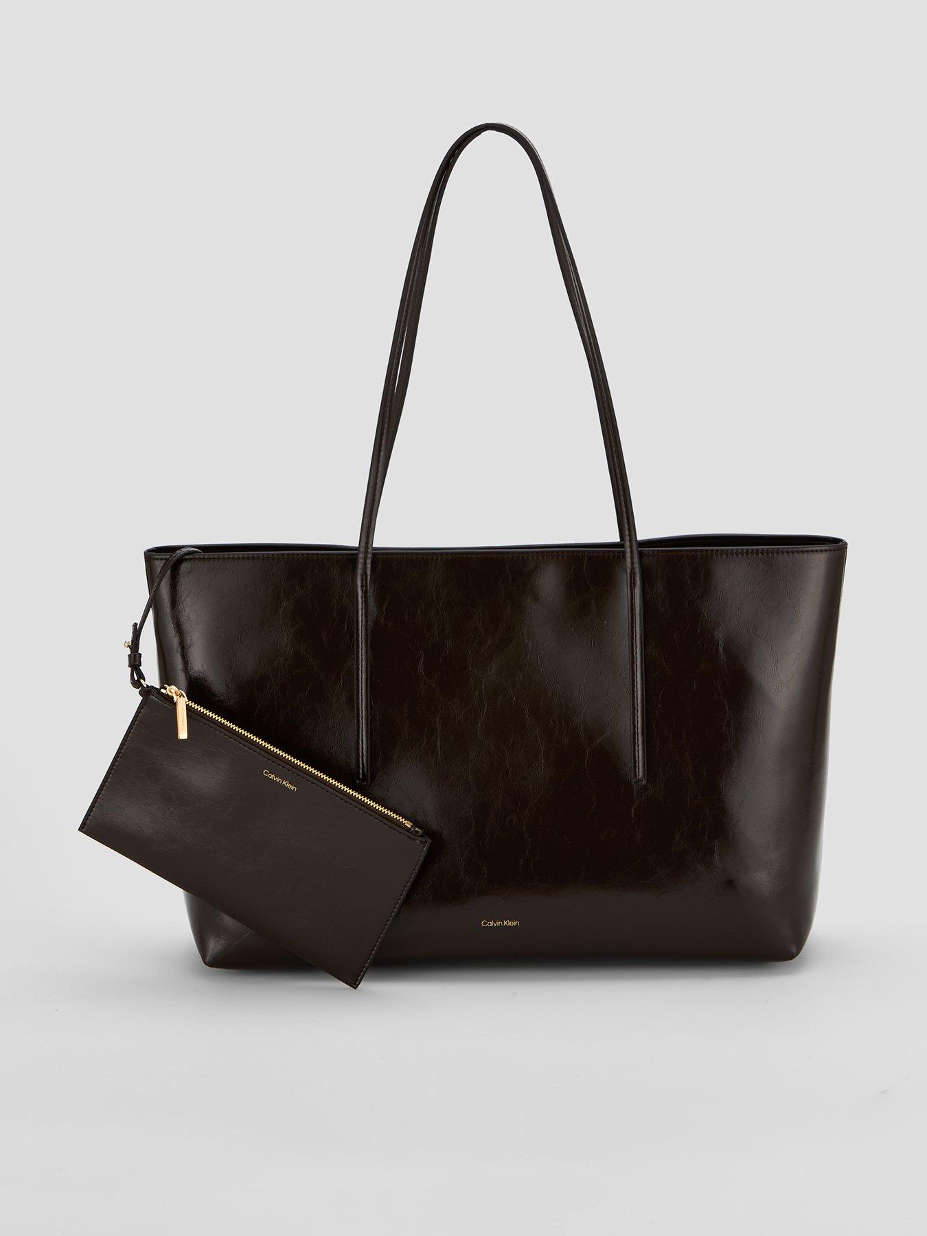 Calvin Klein Foil Logo Glossy Tote Bag With Pouch - Brown