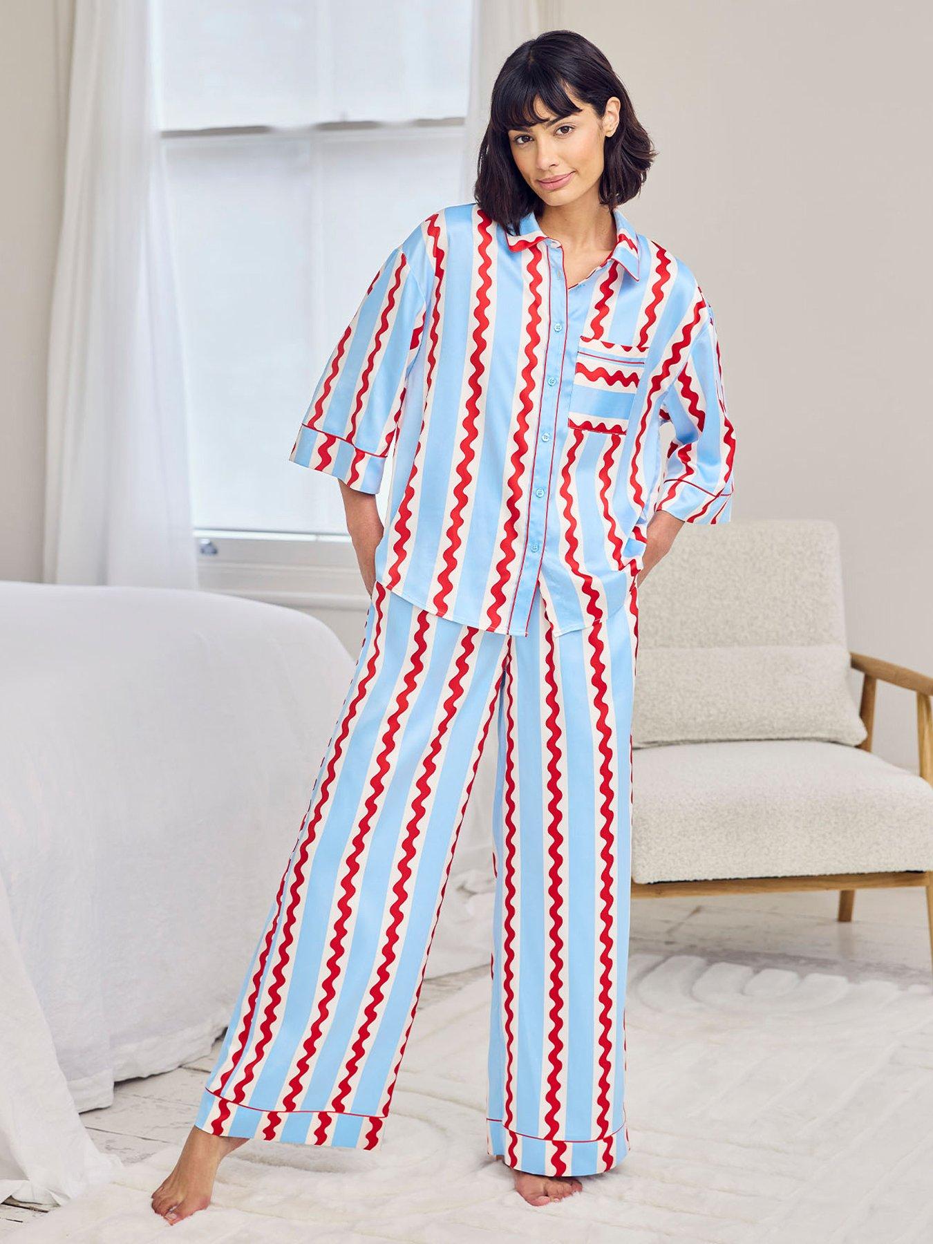 CHELSEA PEERS Chelsea Peers Satin Wavy Stripe Long Pyjama Set - Red, White  &  Blue