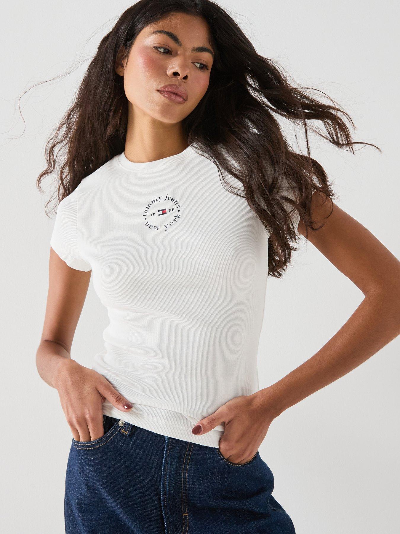 Tommy Jeans Tjw Slim Ess Logo2 Rib Tee Ext, Cream, Size Xl, Women