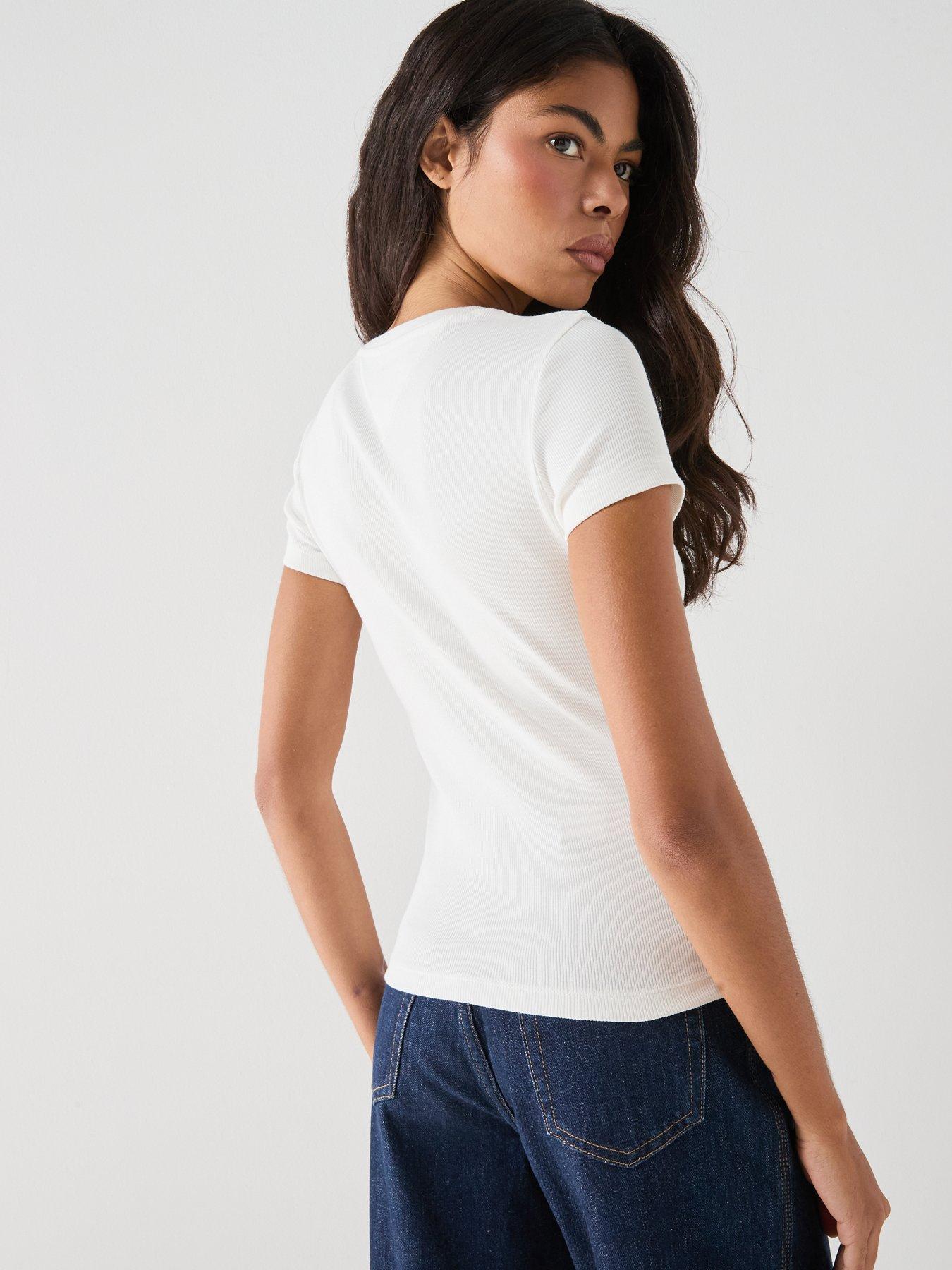Image 2 of 5 of Tommy Jeans Tjw Slim Ess Logo2 Rib Tee Ext - Cream