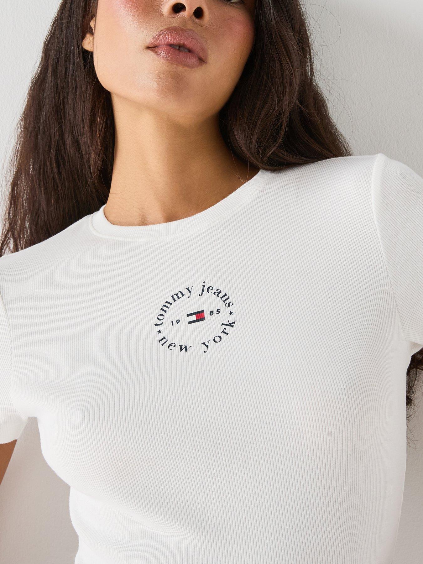 Image 4 of 5 of Tommy Jeans Tjw Slim Ess Logo2 Rib Tee Ext - Cream