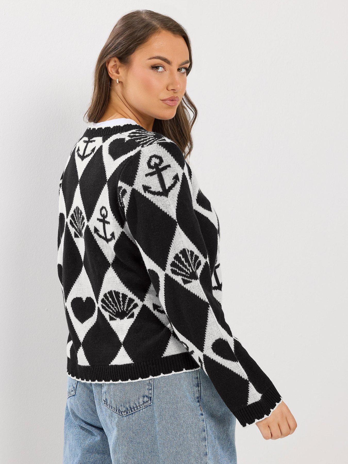 Image 2 of 5 of Yours Sailor Print Cardigan - Black