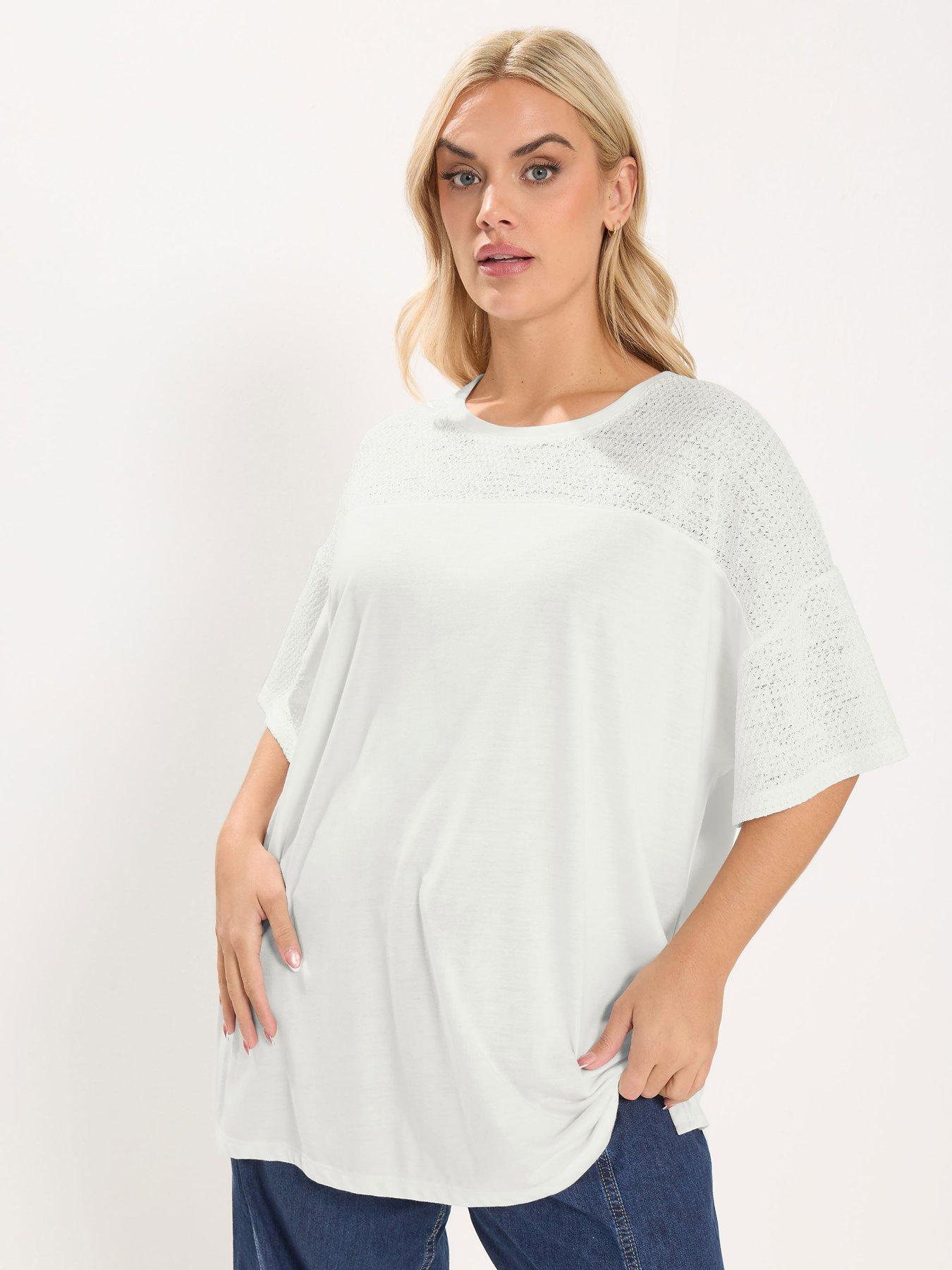 Image 1 of 5 of Yours Curve Boxy Mixed Fabric T-Shirt - White