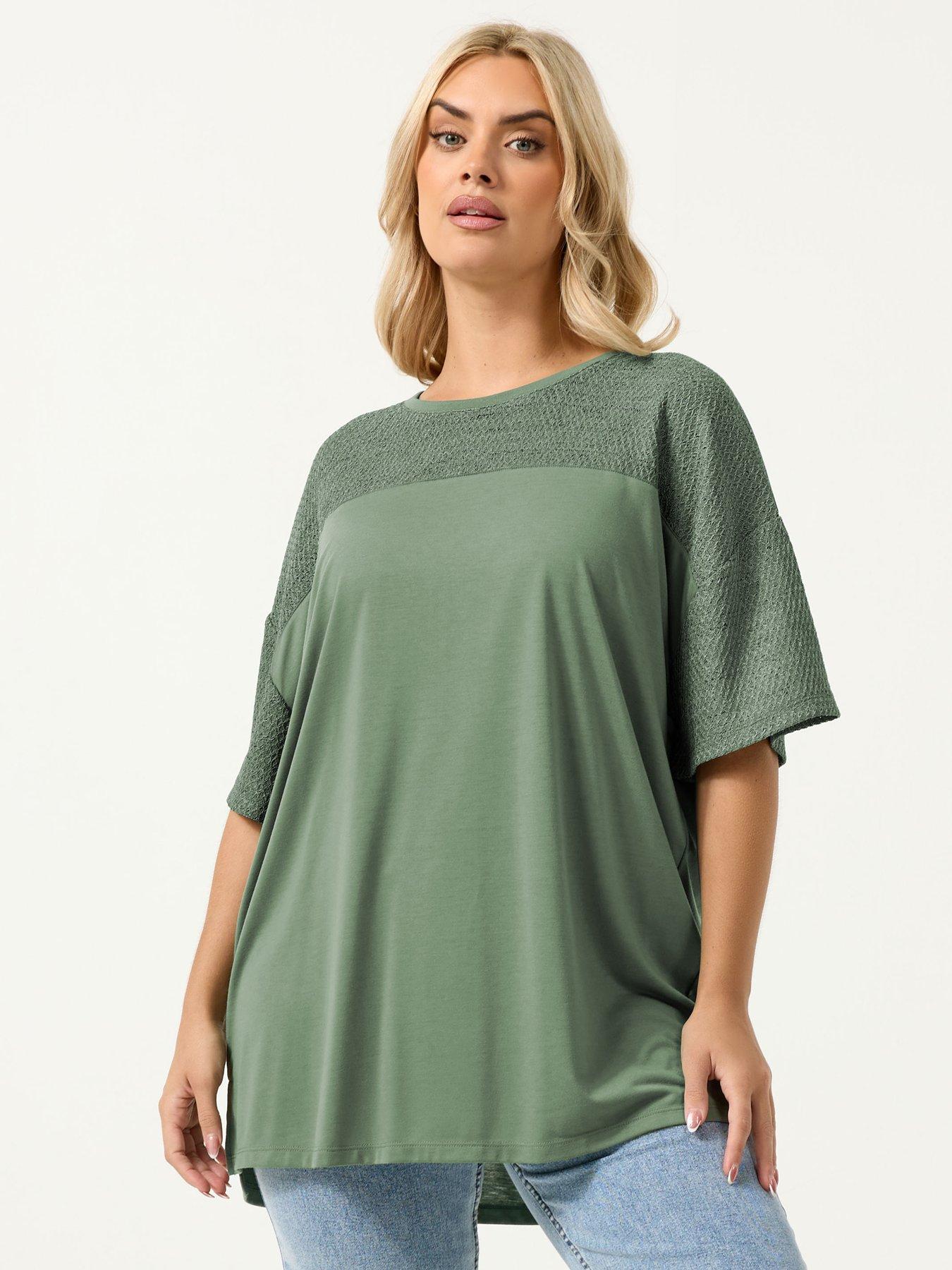 Yours Curve Boxy Mixed Fabric T-Shirt - Green