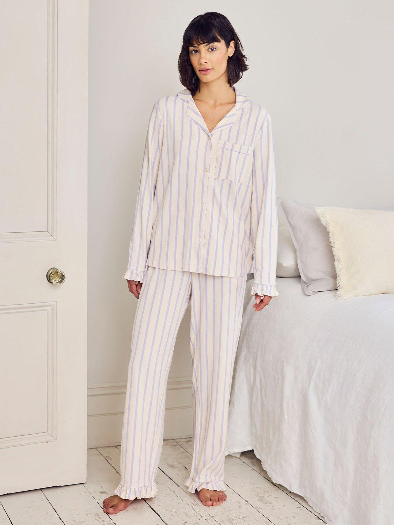 CHELSEA PEERS Cotton Lilac Stripe Frill Long Pyjama Set - Lilac