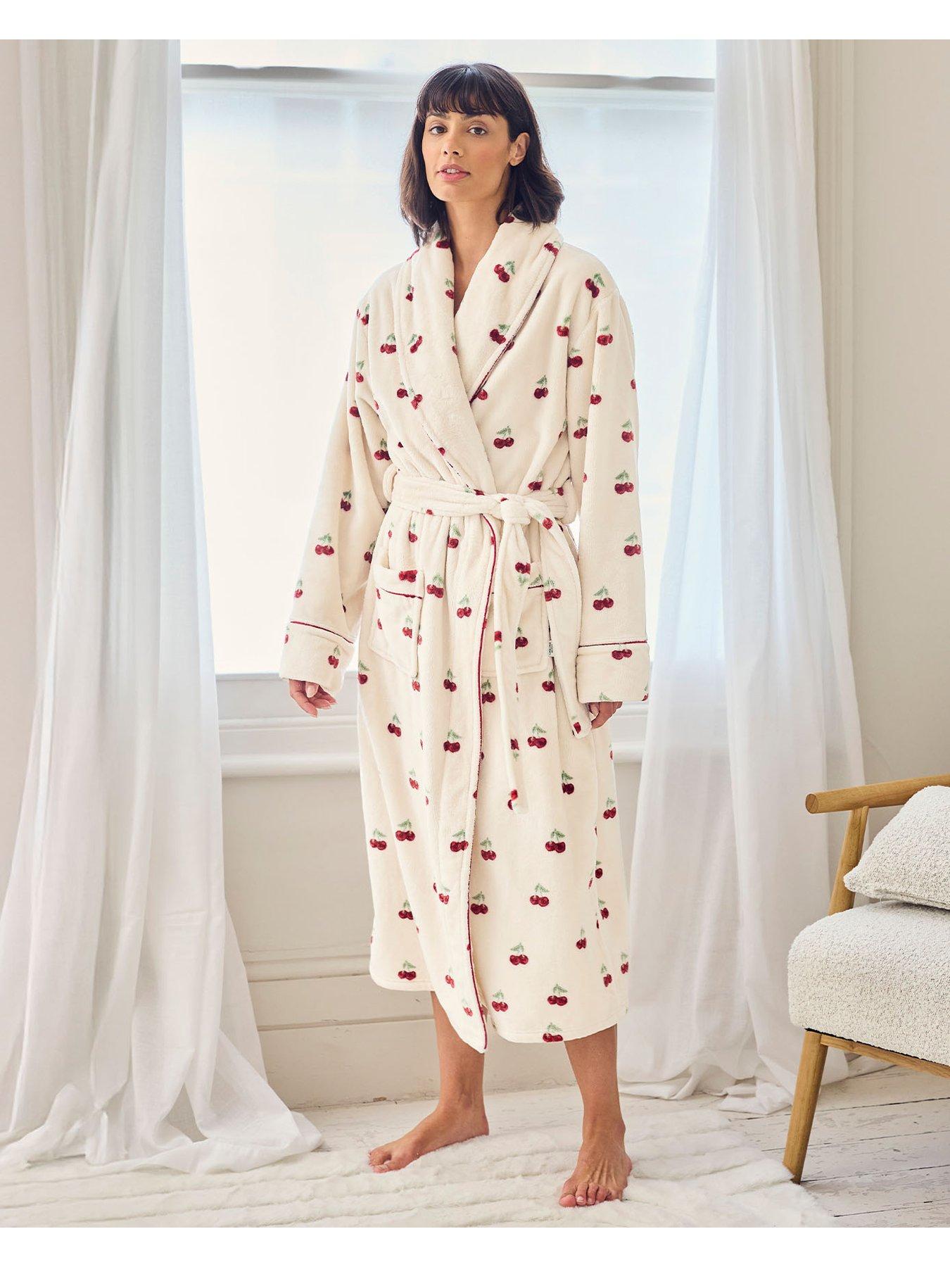 CHELSEA PEERS Fleece Cherry Print Long Dressing Gown - White
