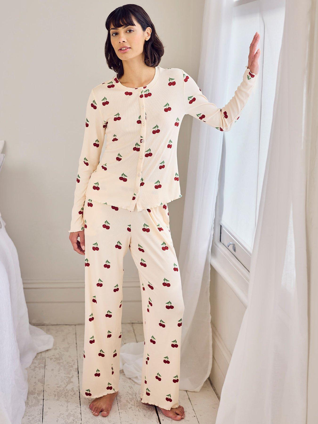CHELSEA PEERS Cherry Stripe Print Cardigan Ribbed Long Pyjama Set