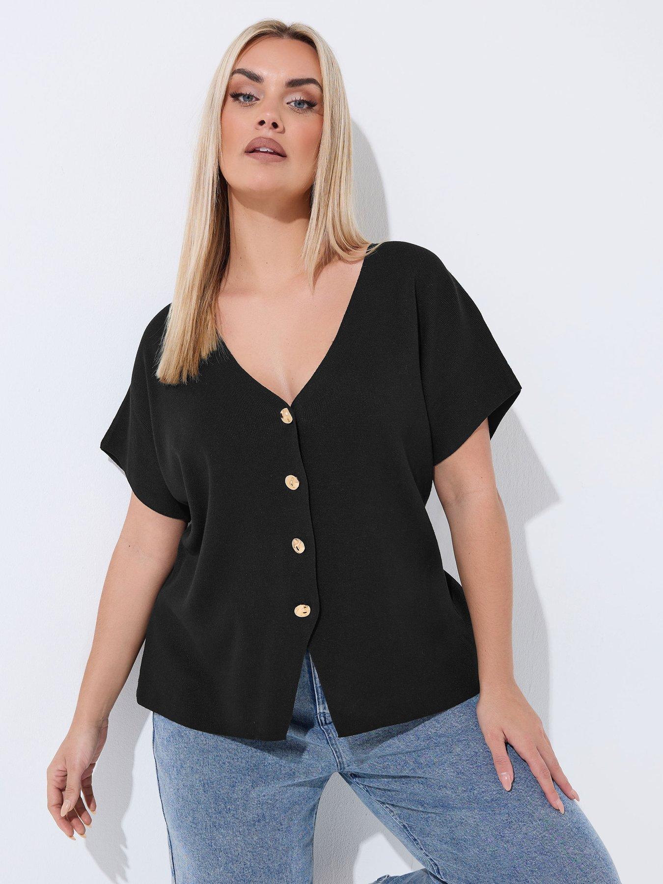 Yours Curve Double Button Knit Top - Black