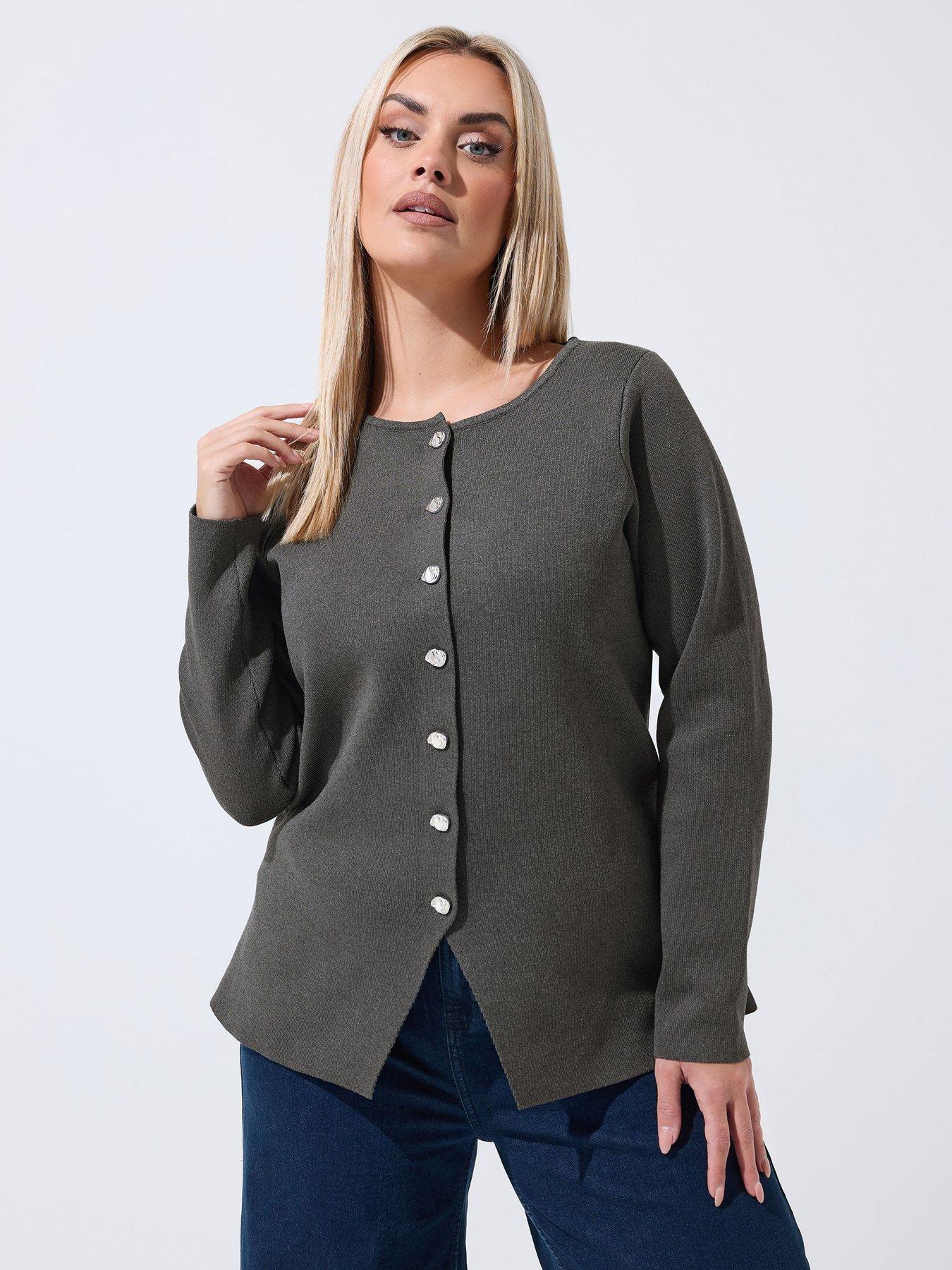 Yours Curve Long Sleeve Button Knit Top - Grey