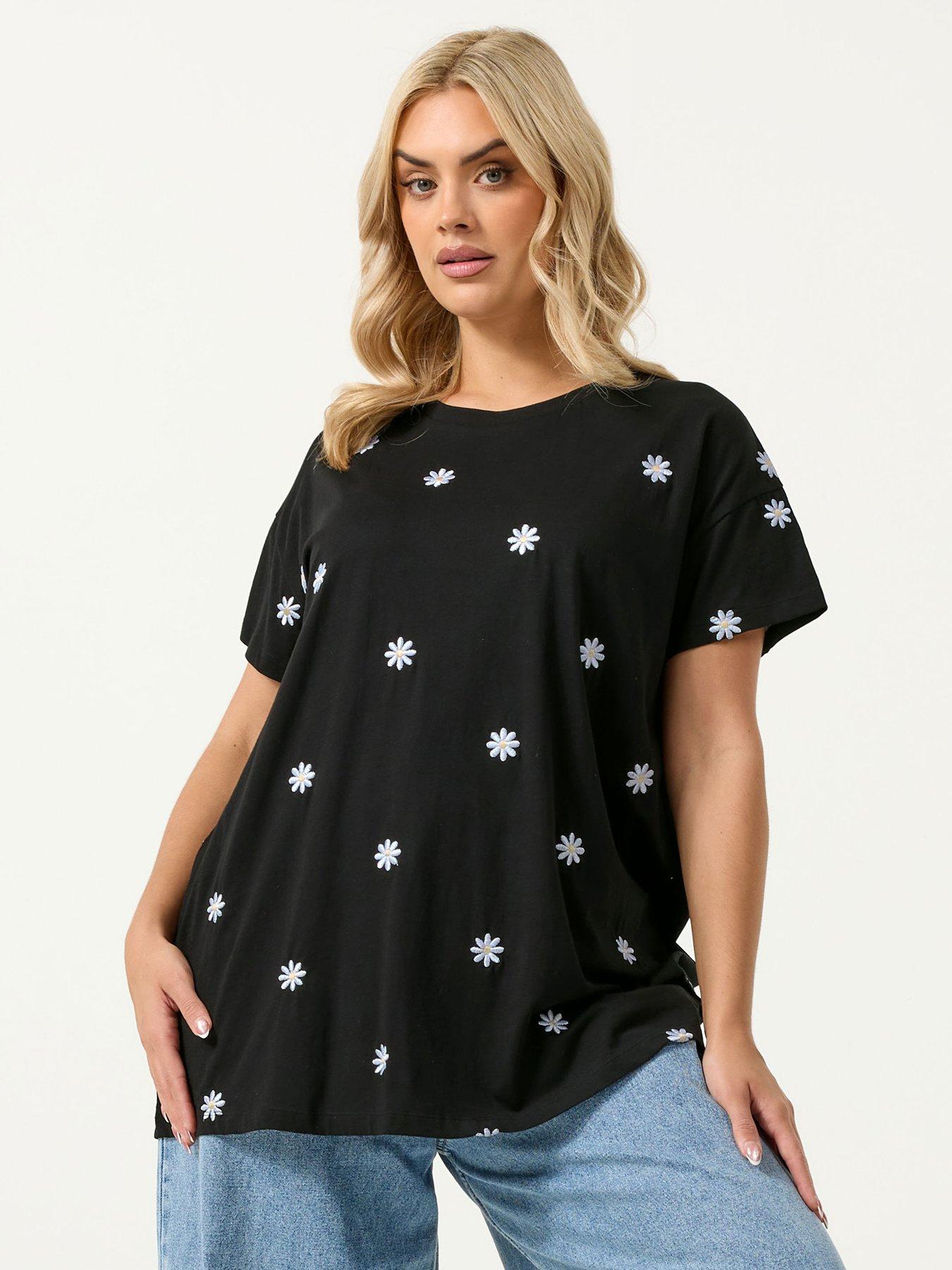Yours Curve Embroidery Daisy T-Shirt - Black