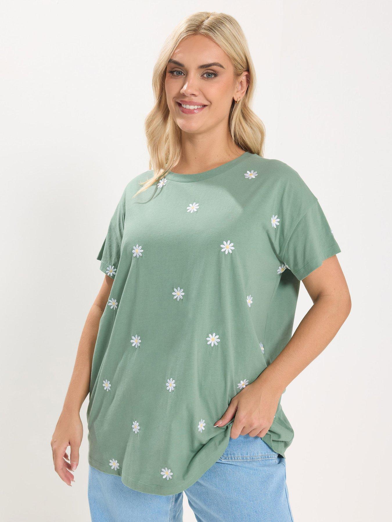 Yours Curve Embroidery Daisy T-Shirt - Green