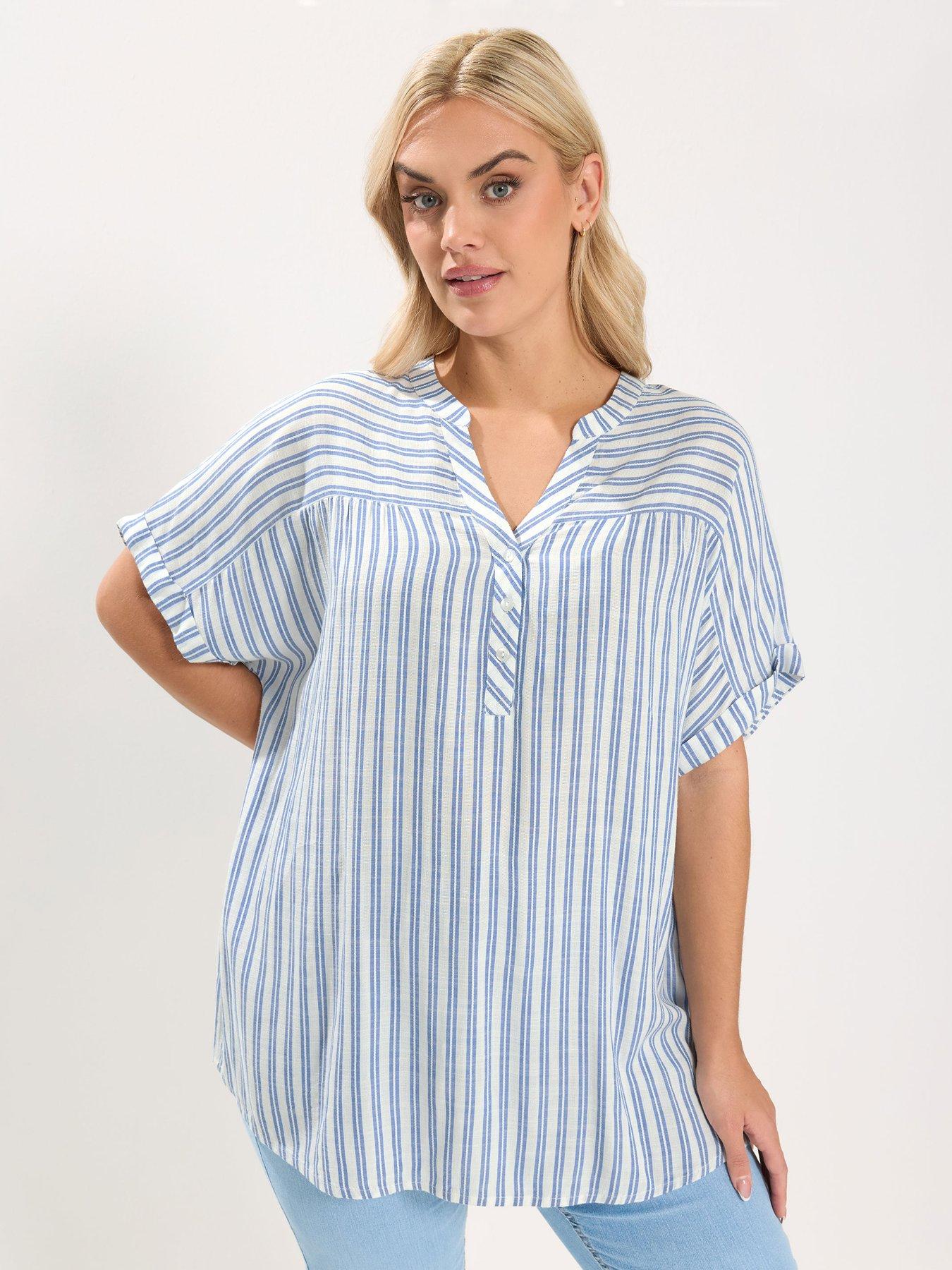 Image 1 of 5 of Yours Curve Stripe Notch Neck Blouse - White
