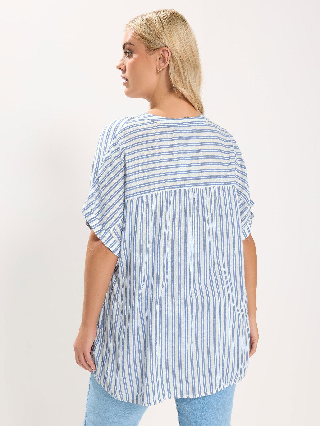 Image 2 of 5 of Yours Curve Stripe Notch Neck Blouse - White
