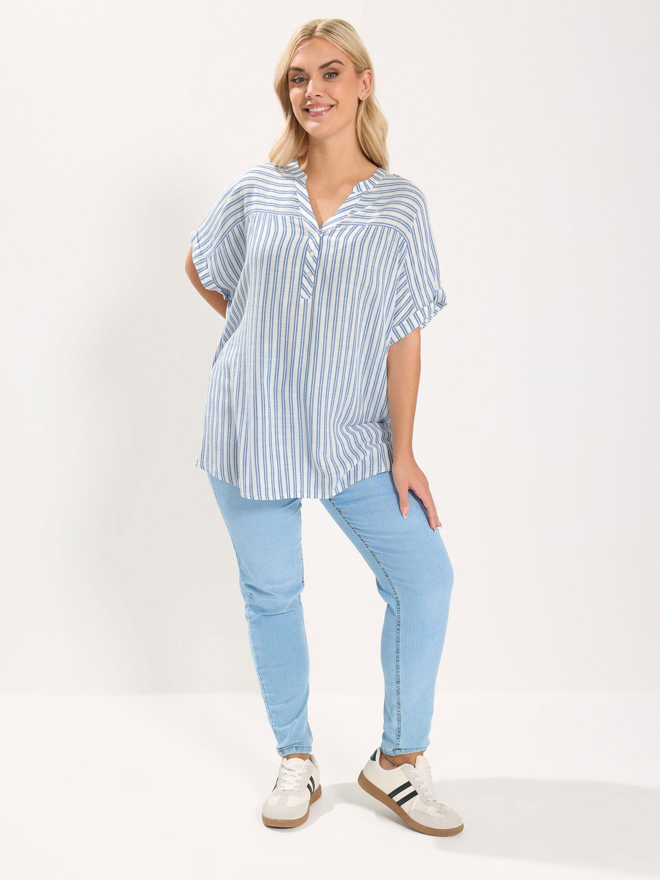 Image 3 of 5 of Yours Curve Stripe Notch Neck Blouse - White