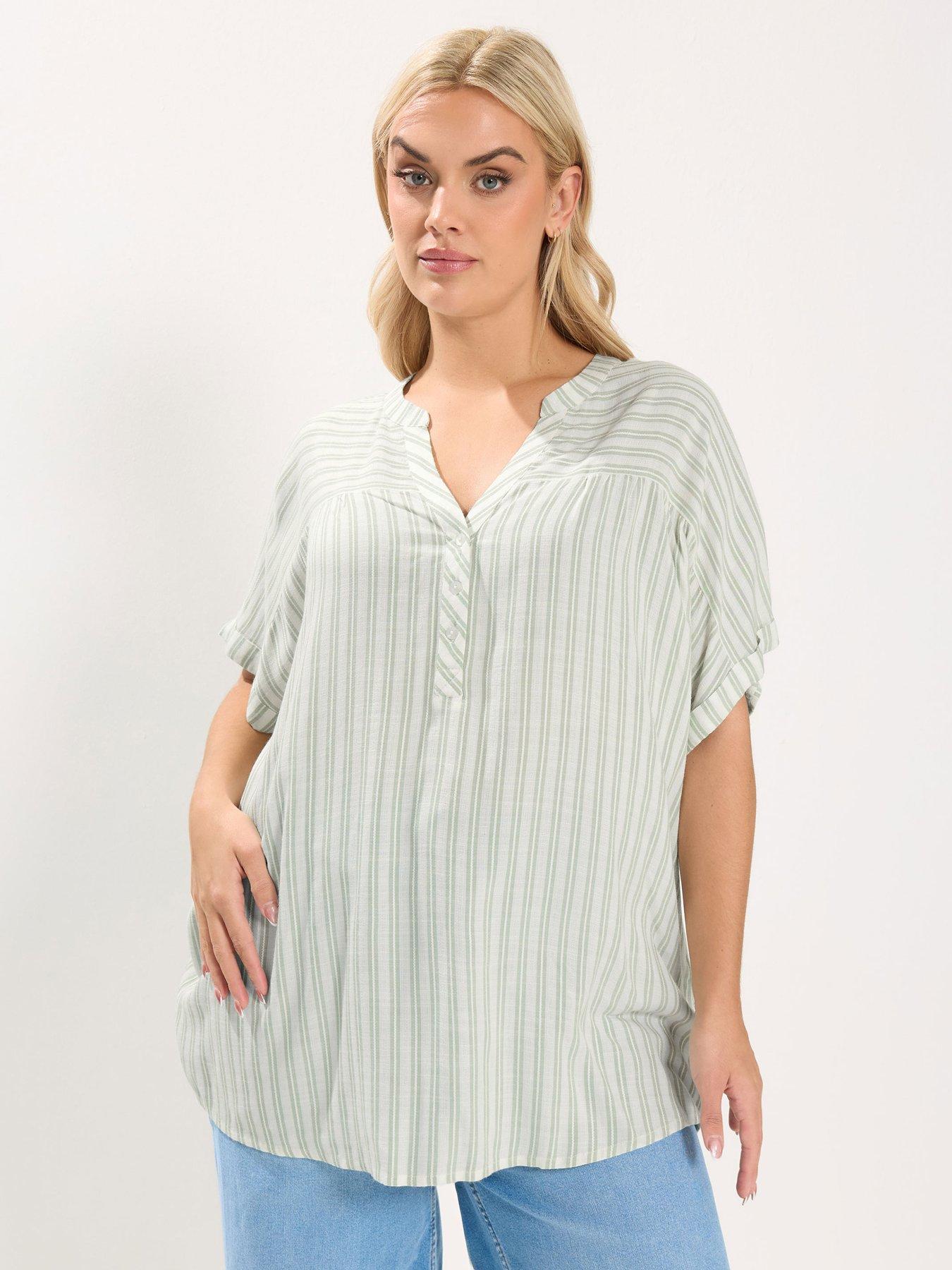Image 1 of 5 of Yours Curve Stripe Notch Neck Blouse - White
