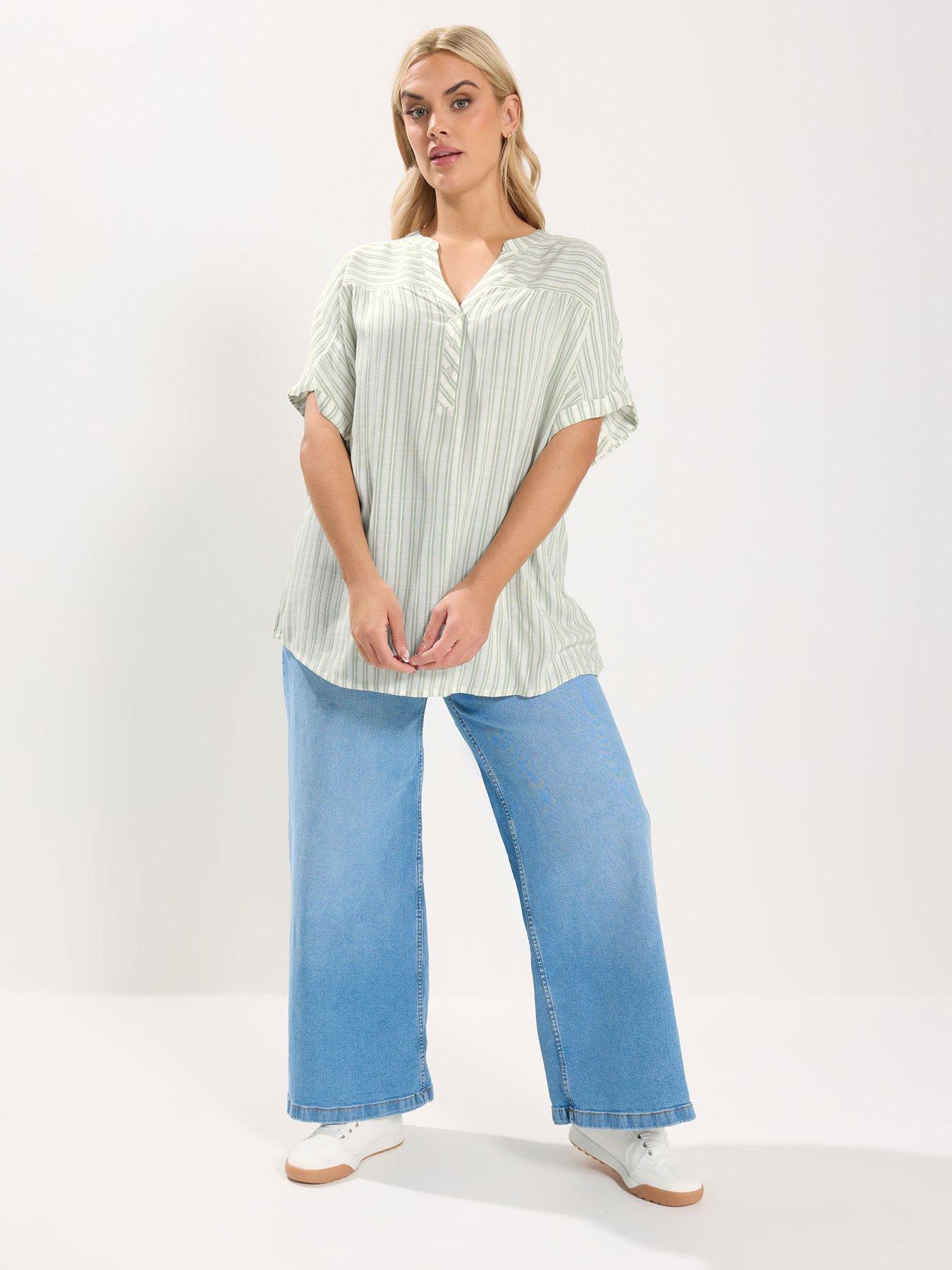 Image 3 of 5 of Yours Curve Stripe Notch Neck Blouse - White