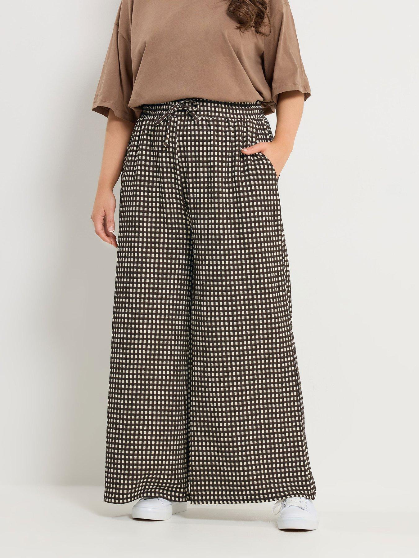 Yours Curve Crinkle Wide Leg Trousers - Brown